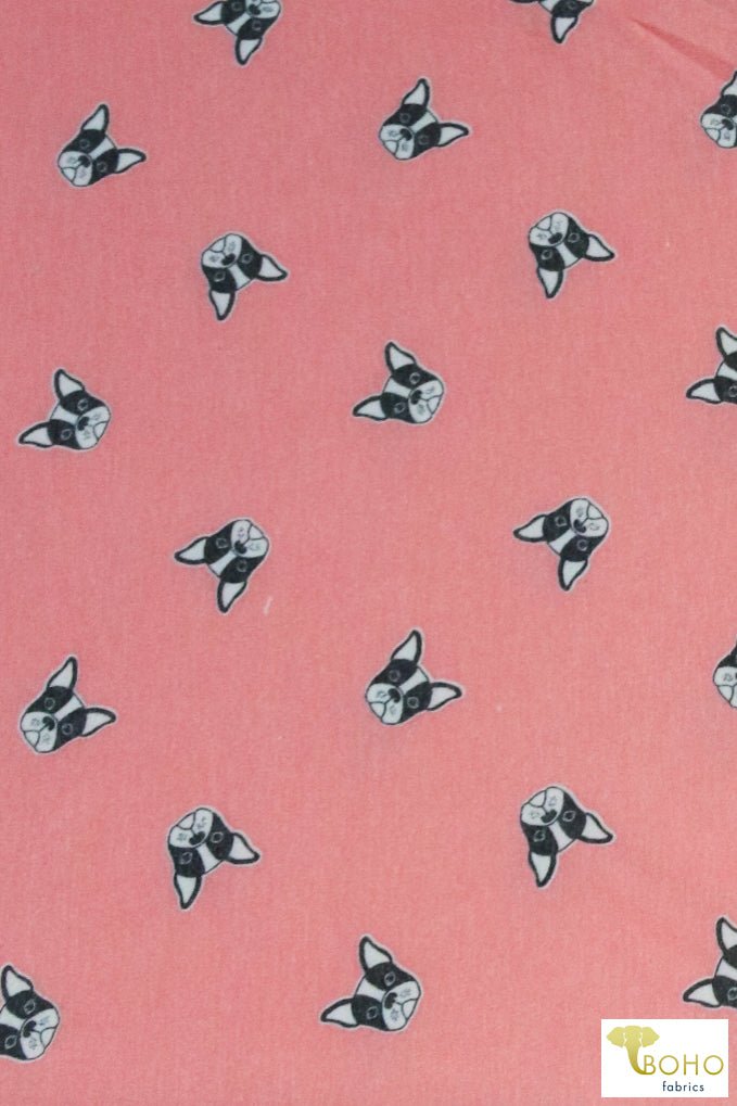 Frenchies on Peachy Pink, Dog French Terry Knit Print. FTP-323-PCH - Boho Fabrics