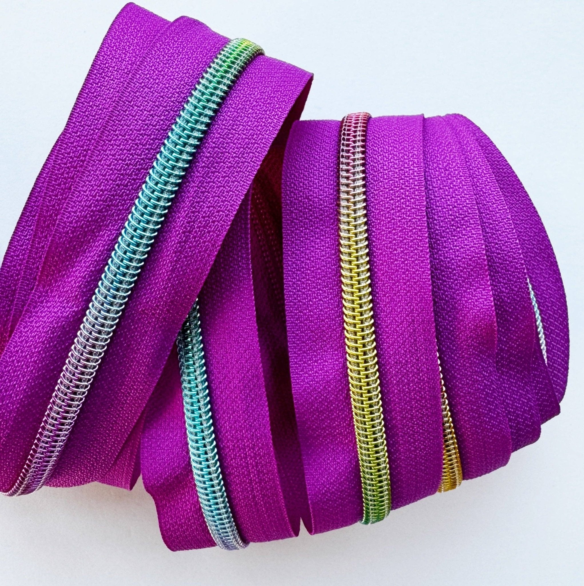 Fuchsia and Rainbow Zipper Tape 5 Nylon - 3 Yards - Boho Fabrics - Zippers