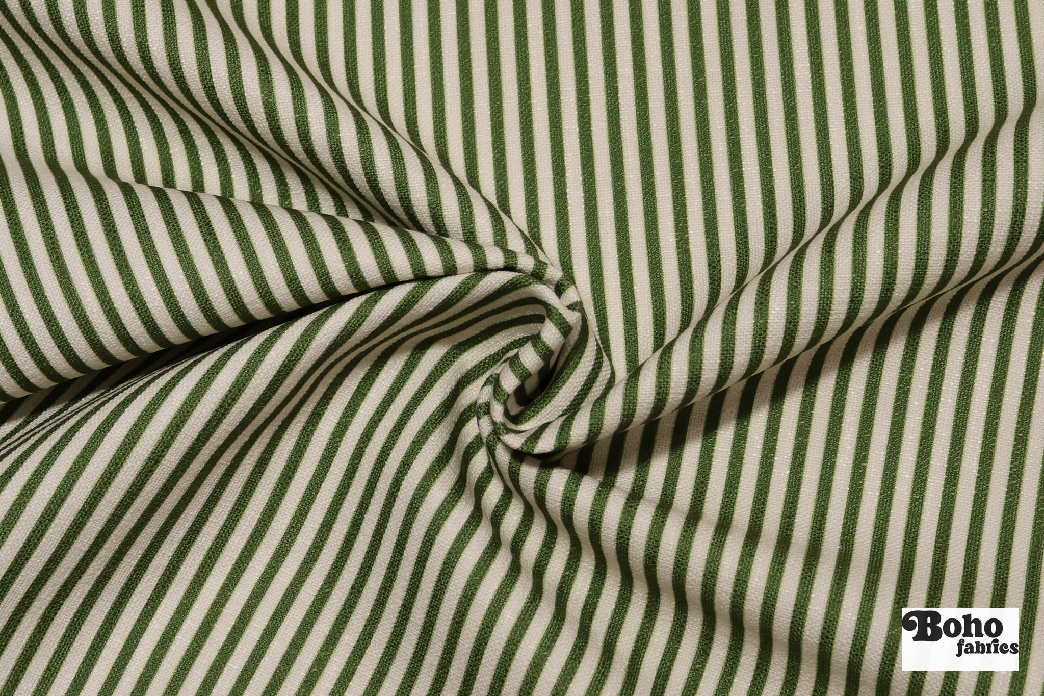 Garden Green & Ivory, 1/4" Narrow Striped Linen-Look Woven Fabric - Boho Fabrics - Home Dec. & Upholstery Fabric