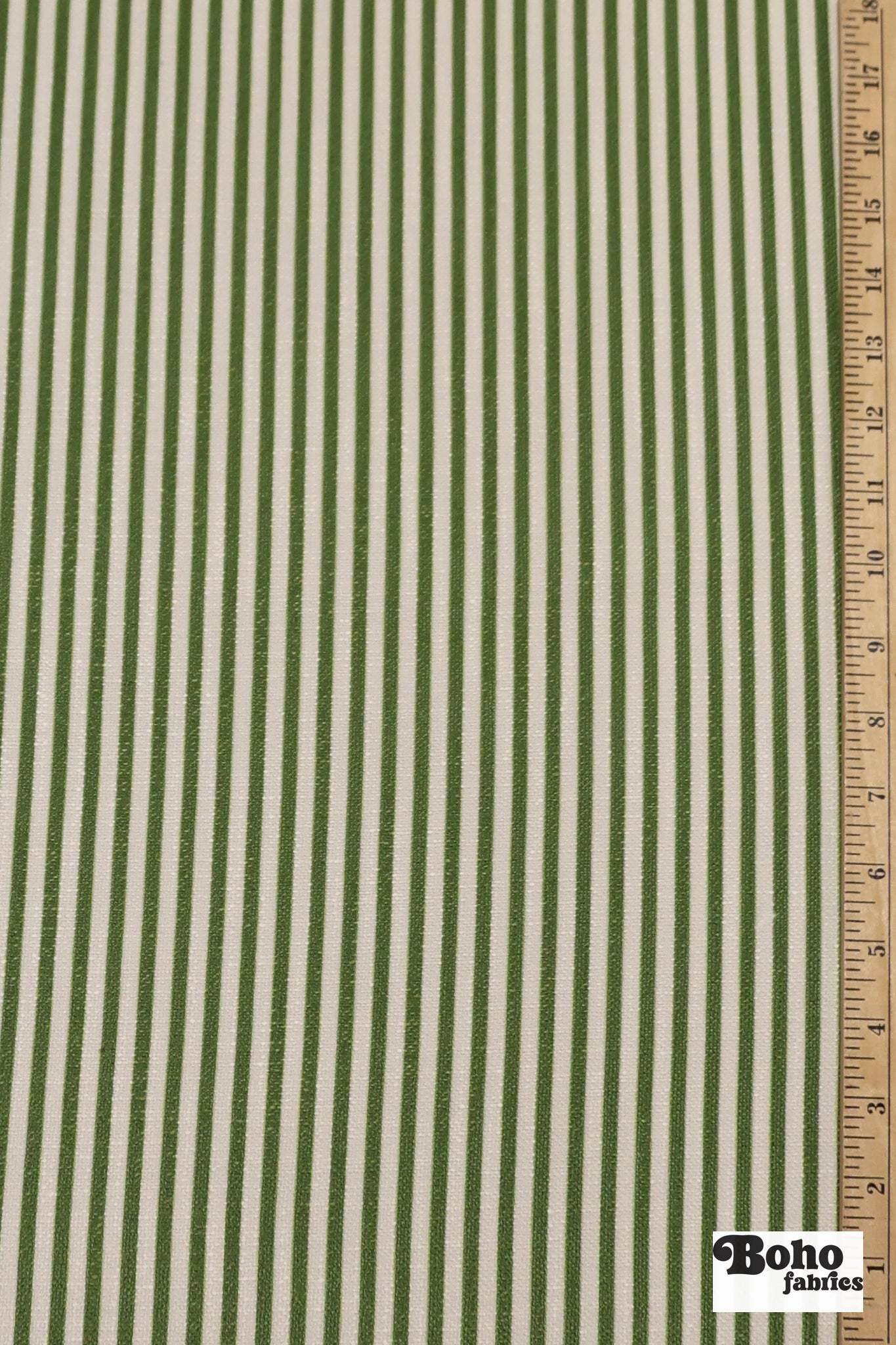Garden Green & Ivory, 1/4" Narrow Striped Linen-Look Woven Fabric - Boho Fabrics - Home Dec. & Upholstery Fabric