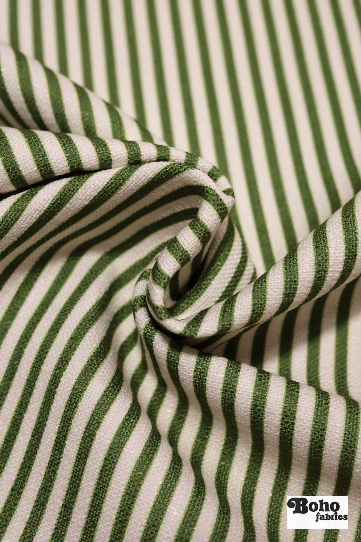 Garden Green & Ivory, 1/4" Narrow Striped Linen-Look Woven Fabric - Boho Fabrics - Home Dec. & Upholstery Fabric