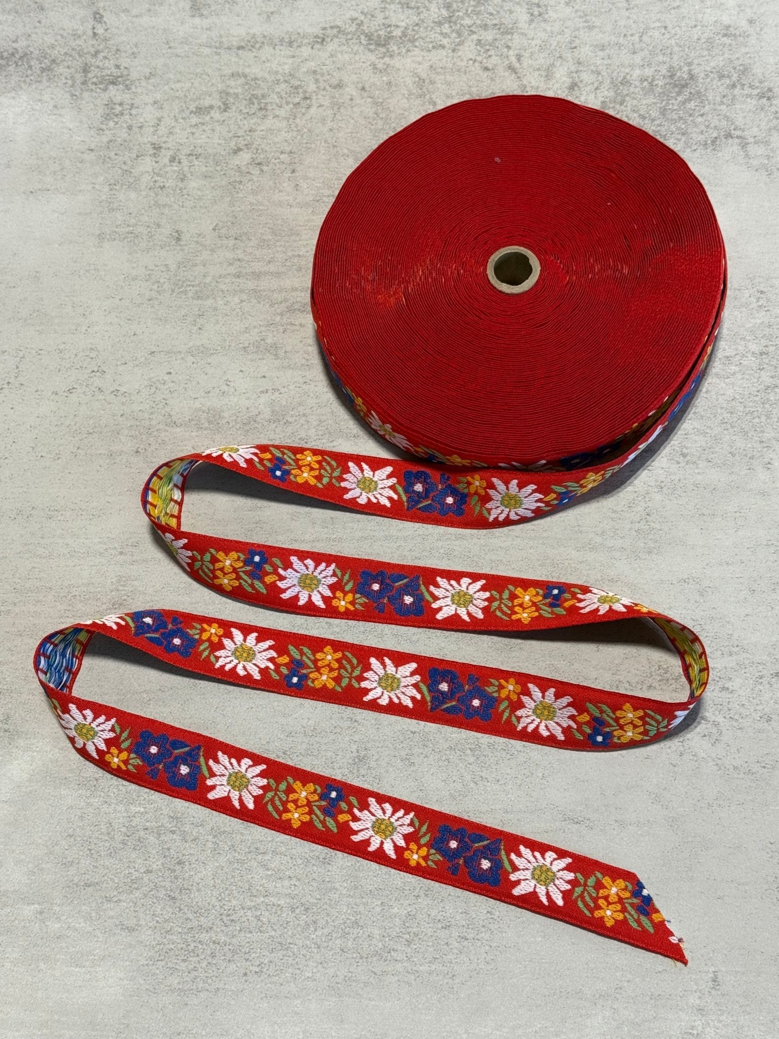 Garden Party in Red, 0.875” Vintage Jacquard Woven Trim. Trim - 174 - Boho Fabrics - Trims