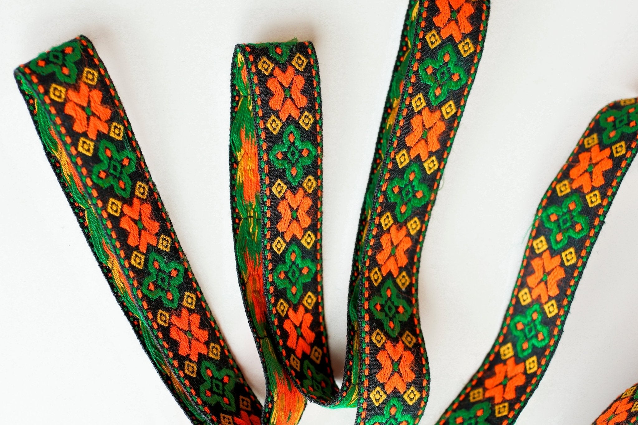 Geo Axis, Green/Orange on Black. Vintage Jacquard Woven Trim, 1" TRIM - 015 - Boho Fabrics - Trims