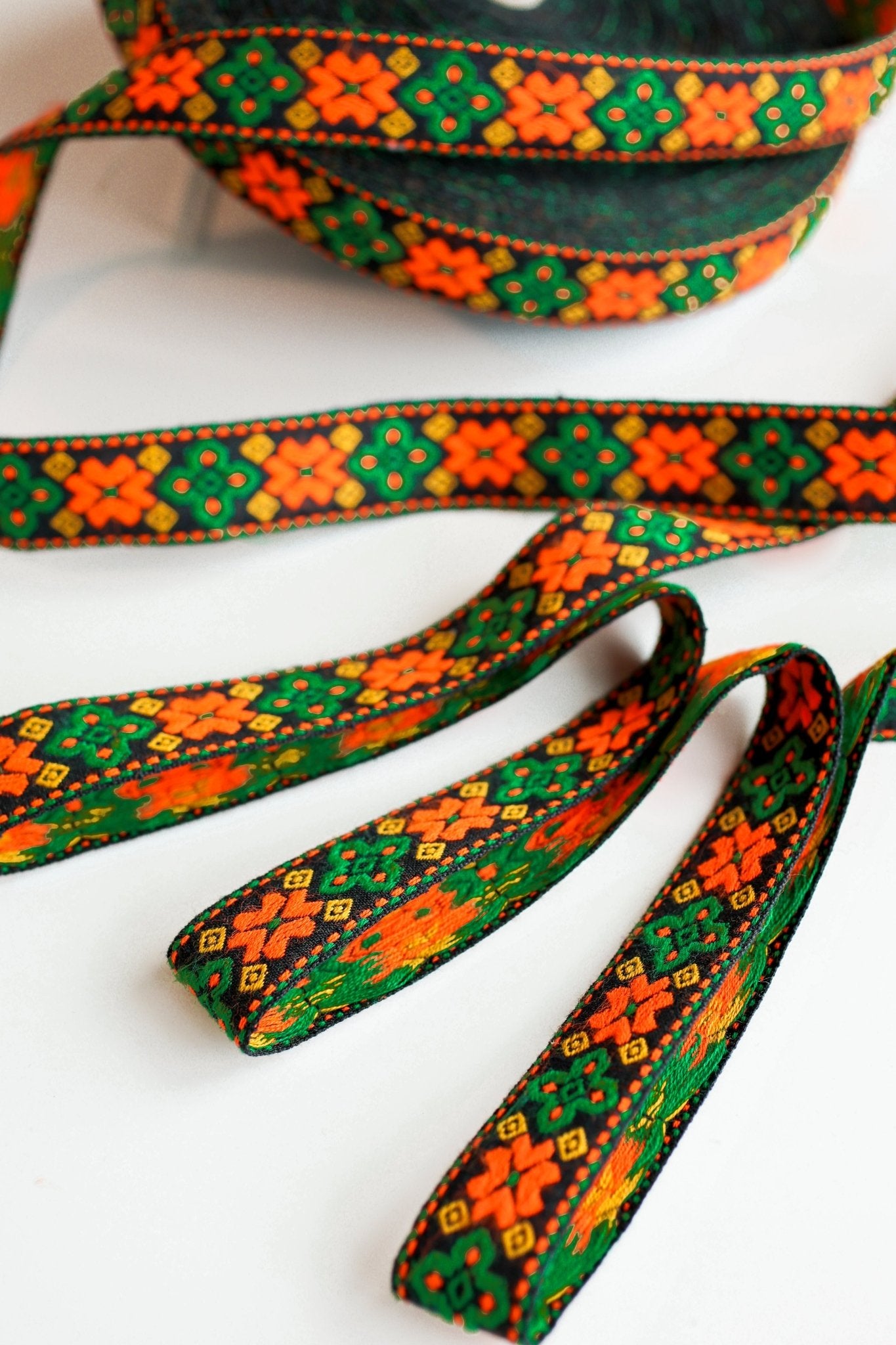 Geo Axis, Green/Orange on Black. Vintage Jacquard Woven Trim, 1" TRIM - 015 - Boho Fabrics - Trims