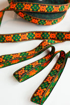 Geo Axis, Green/Orange on Black. Vintage Jacquard Woven Trim, 1" TRIM - 015 - Boho Fabrics - Trims