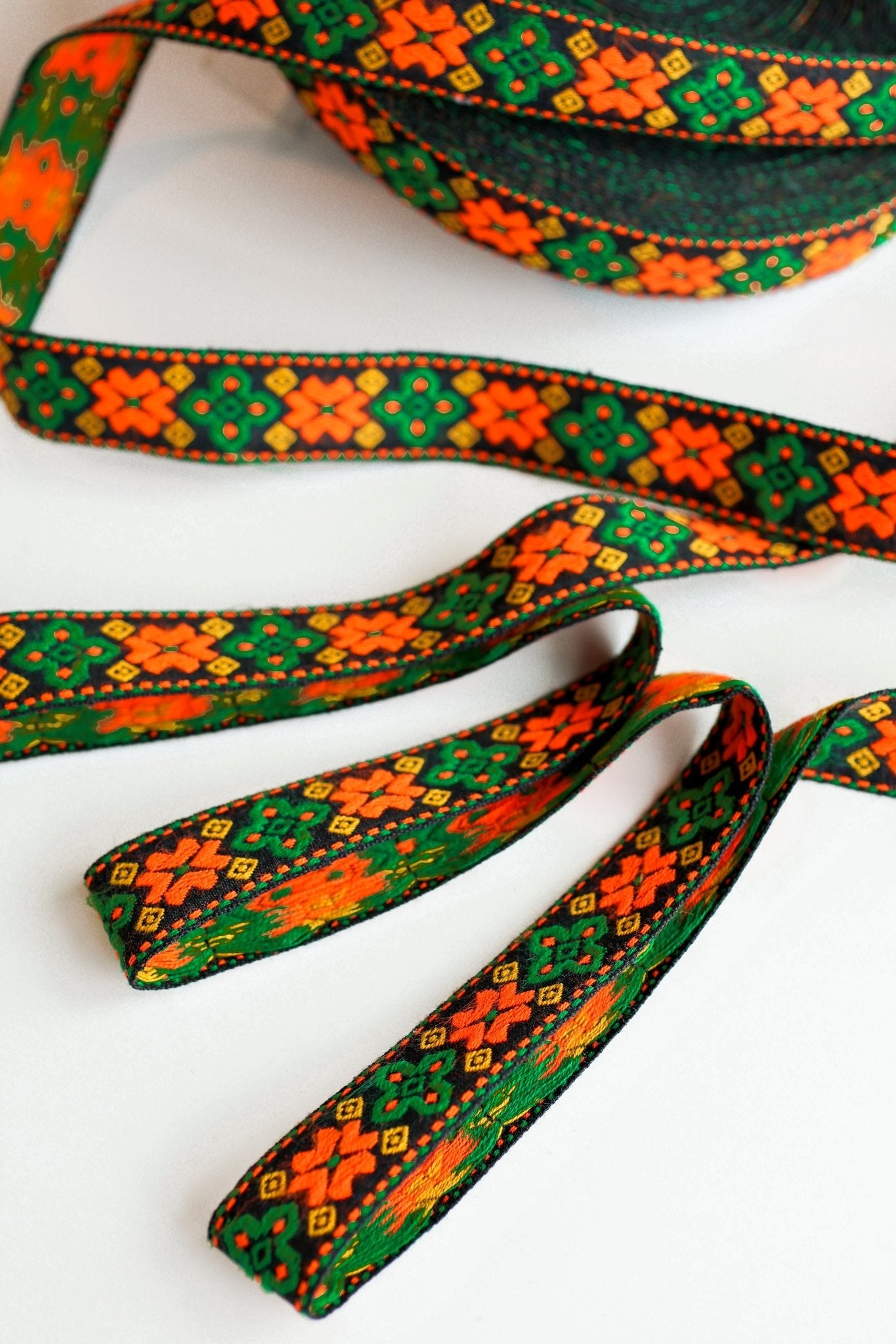 Geo Axis, Green/Orange on Black. Vintage Jacquard Woven Trim, 1" TRIM - 015 - Boho Fabrics - Trims
