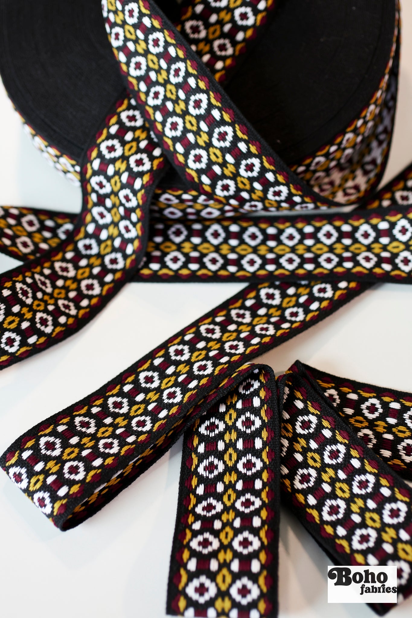Geometric in Black, Burgundy & Gold, 2" Vintage Jacquard Woven Trim, TRIM - 003 - Boho Fabrics - Trims