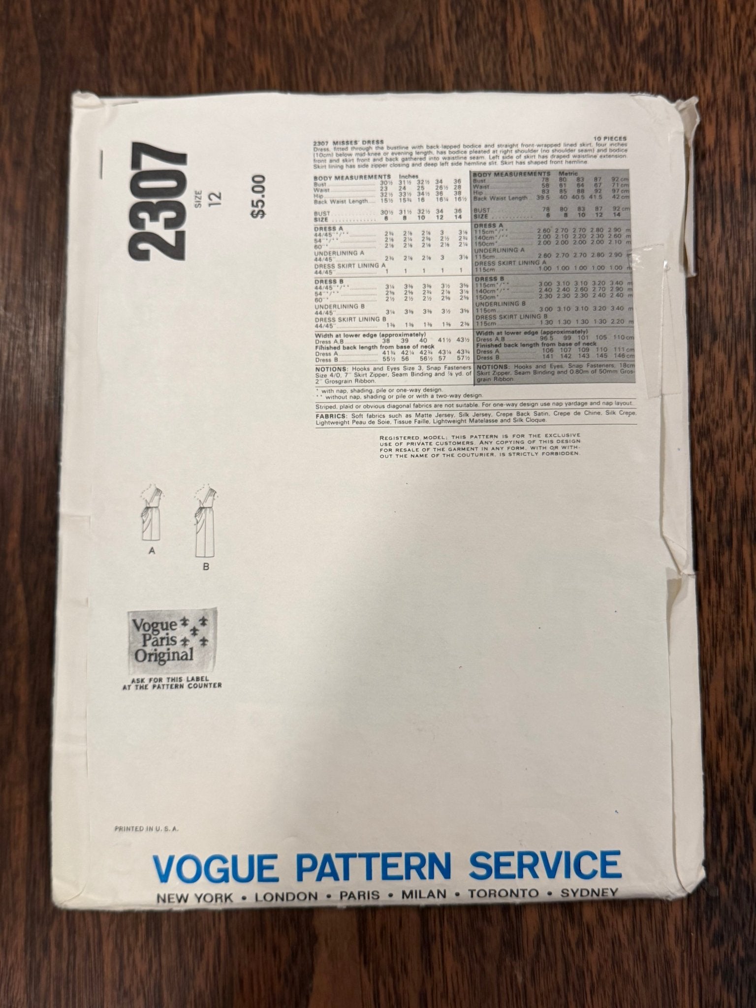 Givenchy | Vogue Paris Original Sewing Pattern #2307 — Wrap Dress with Pleated Shoulder & Draped Skirt, Size 12, Vintage 1980, with Original Vogue Sew-In Label - Boho Fabrics - Sewing Patterns