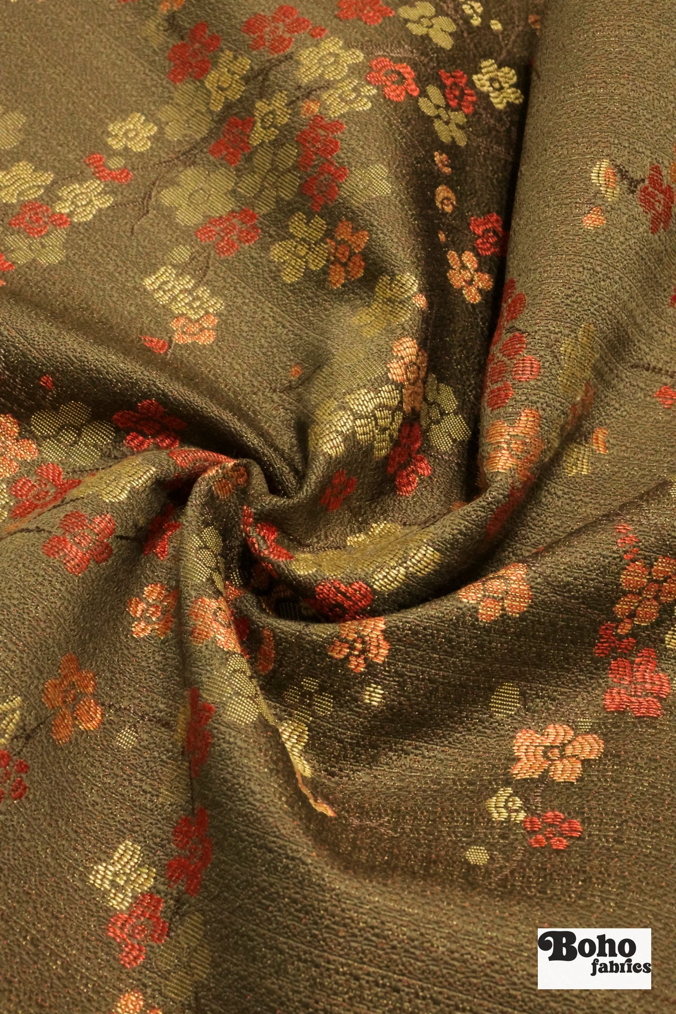 Gold & Crimson Floating Blossoms Jacquard Woven Fabric - Boho Fabrics - Jacquard, Woven