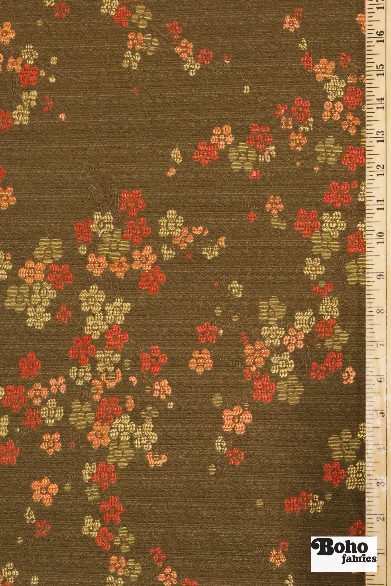 Gold & Crimson Floating Blossoms Jacquard Woven Fabric - Boho Fabrics - Jacquard, Woven