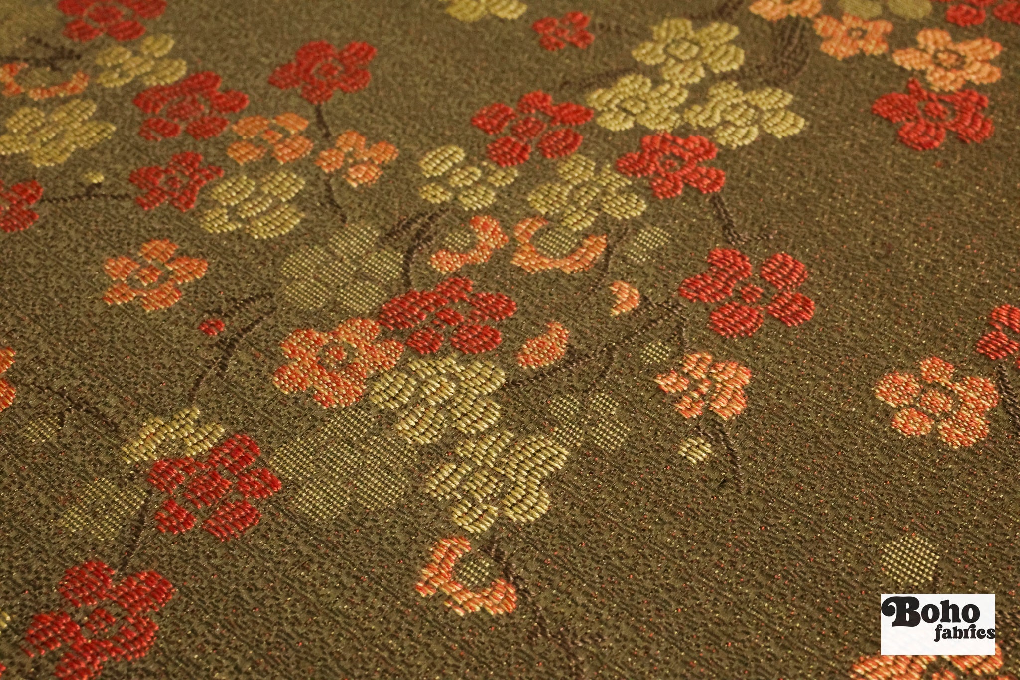 Gold & Crimson Floating Blossoms Jacquard Woven Fabric - Boho Fabrics - Jacquard, Woven