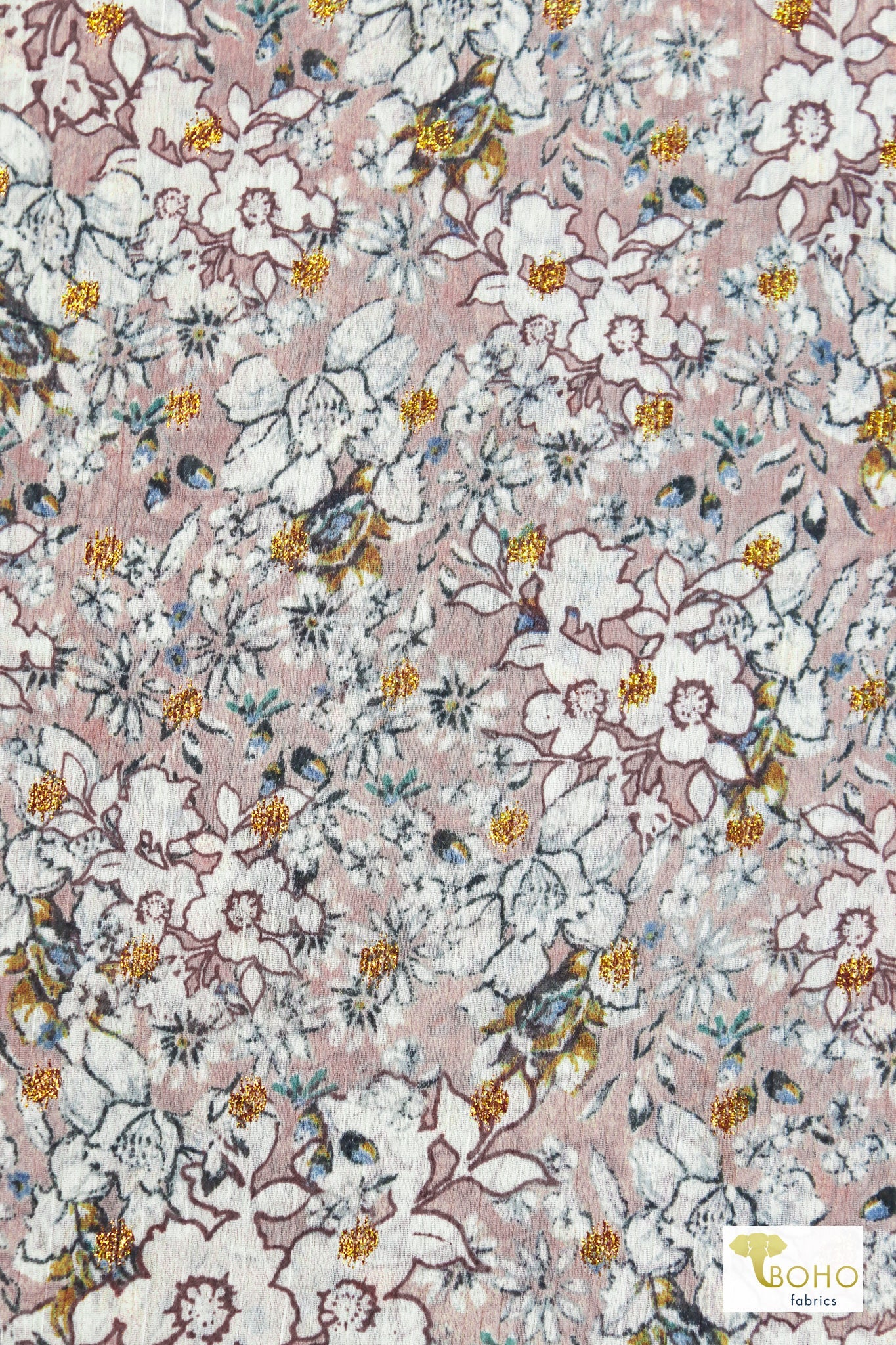 Gold Floral Polka Dots, Chiffon Woven - Boho Fabrics