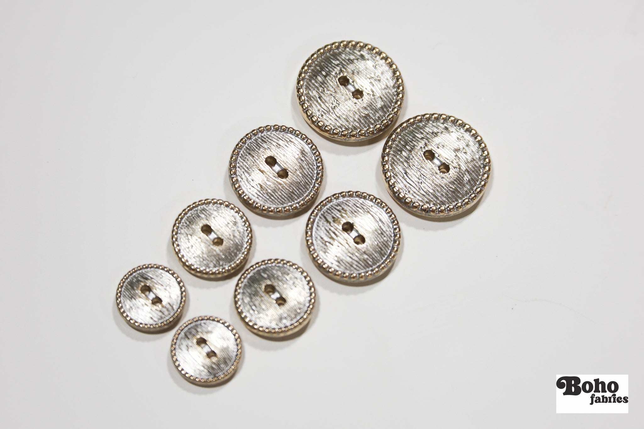 Gold & Silver Beaded Rim 2-Hole Plastic Buttons. 24L (15mm / 5/8"), 28L (18mm / 11/16"), 32L (20mm 13/16"), 40L (25mm / 1") - Boho Fabrics - Buttons & Snaps