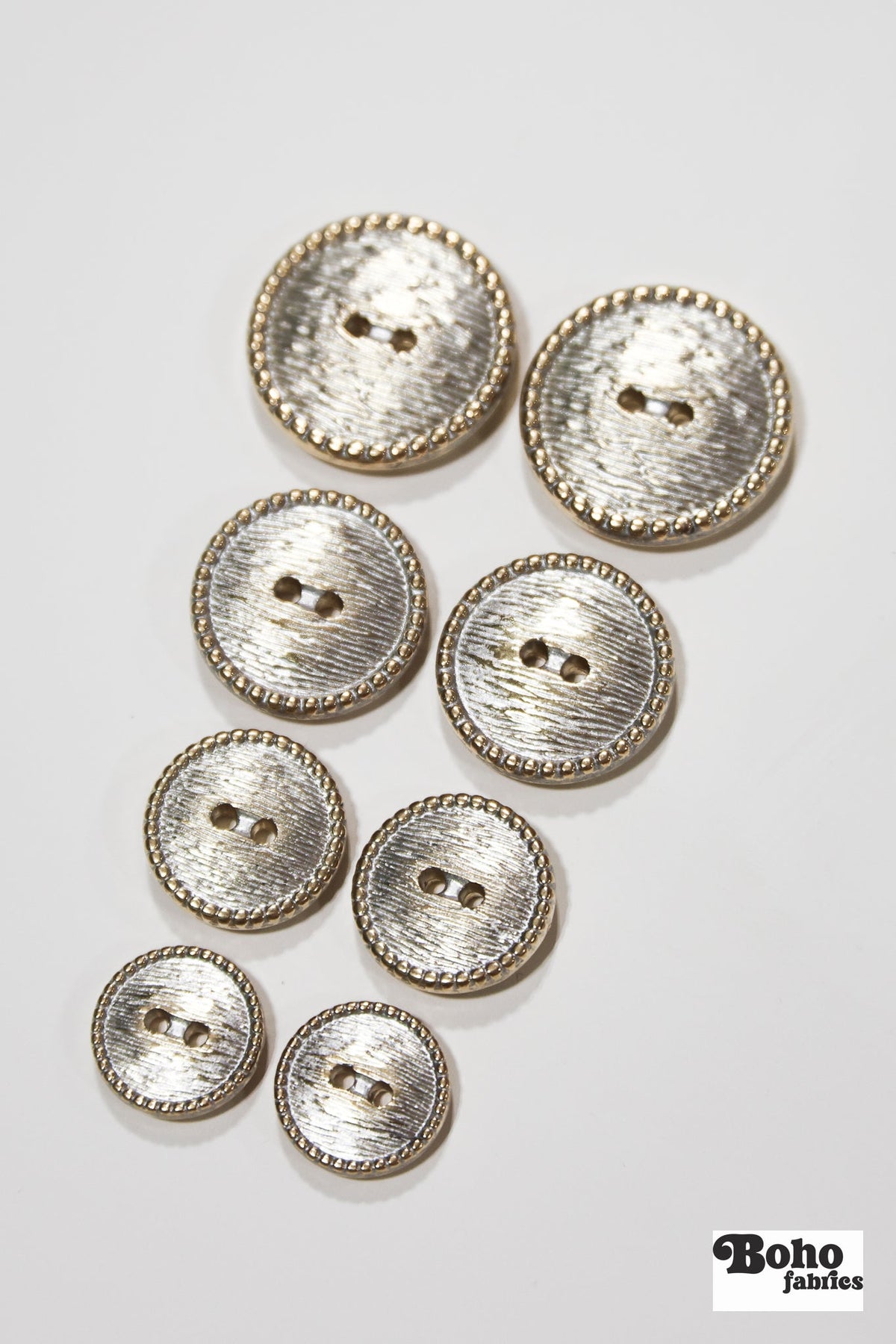 Gold & Silver Beaded Rim 2-Hole Plastic Buttons. 24L (15mm / 5/8"), 28L (18mm / 11/16"), 32L (20mm 13/16"), 40L (25mm / 1") - Boho Fabrics - Buttons & Snaps