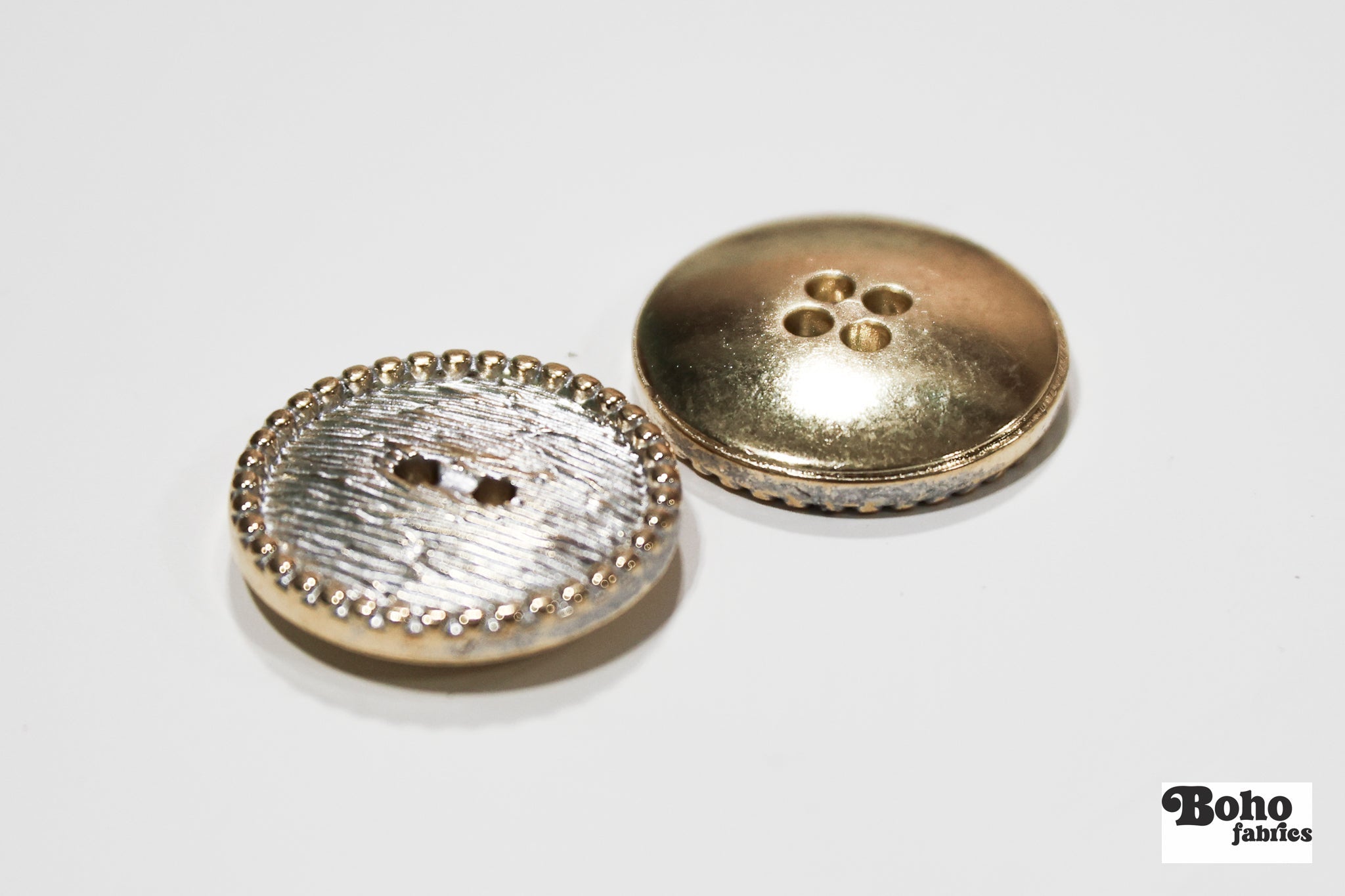 Gold & Silver Beaded Rim 2-Hole Plastic Buttons. 24L (15mm / 5/8"), 28L (18mm / 11/16"), 32L (20mm 13/16"), 40L (25mm / 1") - Boho Fabrics - Buttons & Snaps