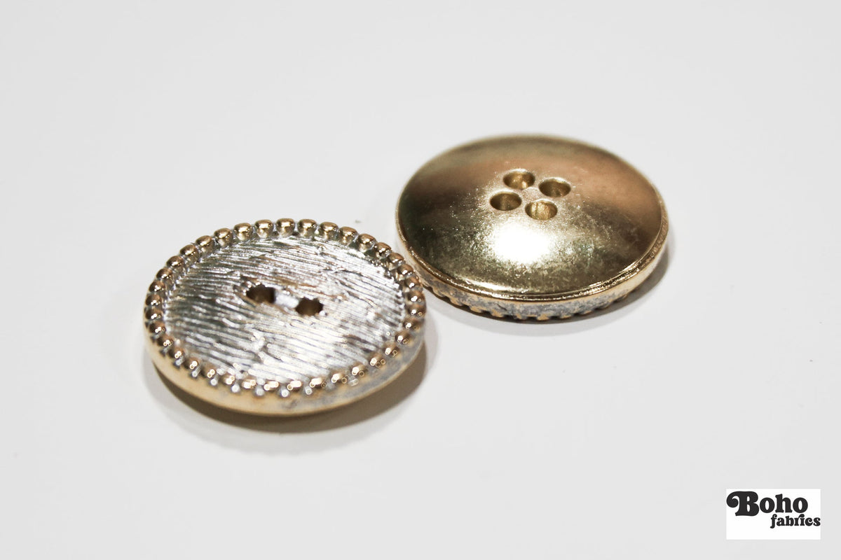 Gold & Silver Beaded Rim 2-Hole Plastic Buttons. 24L (15mm / 5/8"), 28L (18mm / 11/16"), 32L (20mm 13/16"), 40L (25mm / 1") - Boho Fabrics - Buttons & Snaps