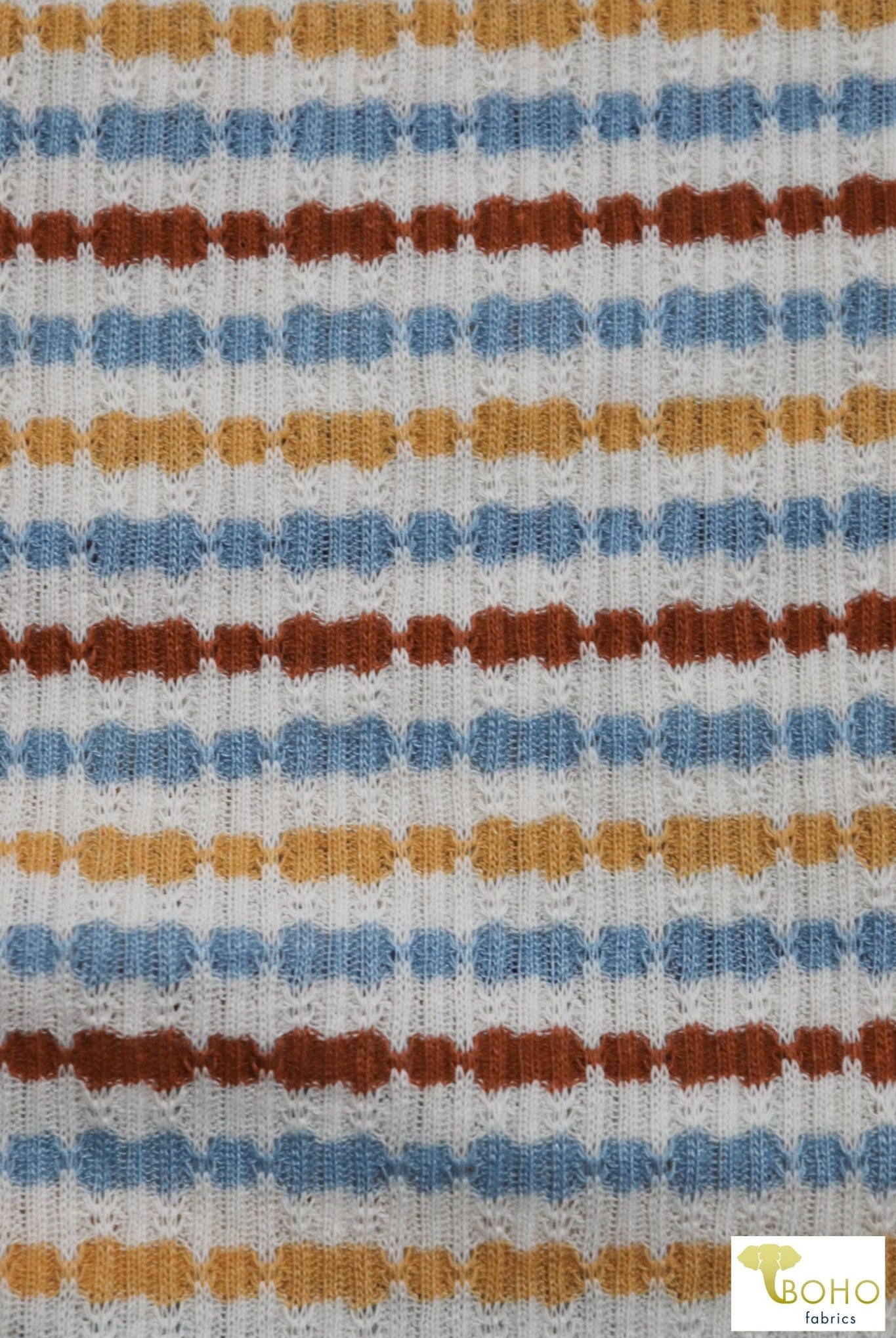 Gold/Blue/Copper Pointelle Rib Knit Fabric. RIB-115 - Boho Fabrics
