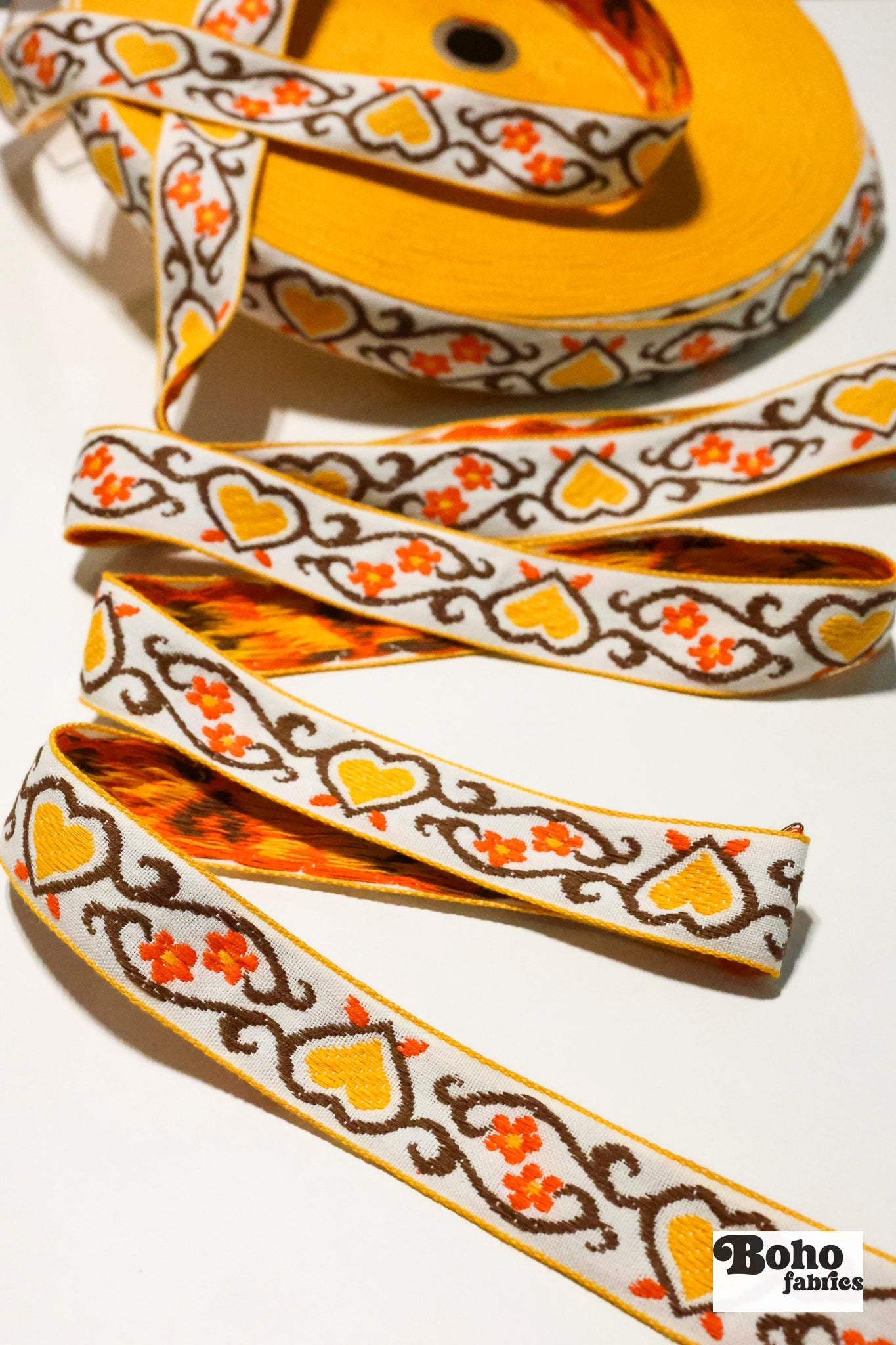 Golden Hearts, 7/8" Jacquared Woven Trim. TRIM - 006 - Boho Fabrics - Trims