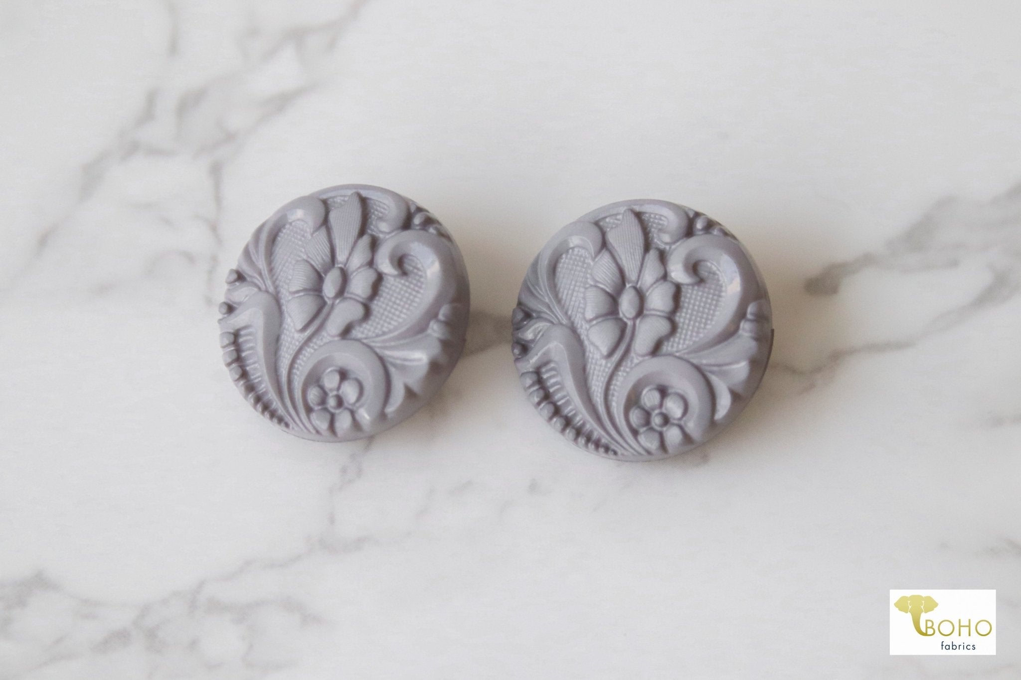 Gray, Art Nouveau Florals, Shank Buttons. Available in 15mm, 18mm, 20mm, 25.5mm - Boho Fabrics