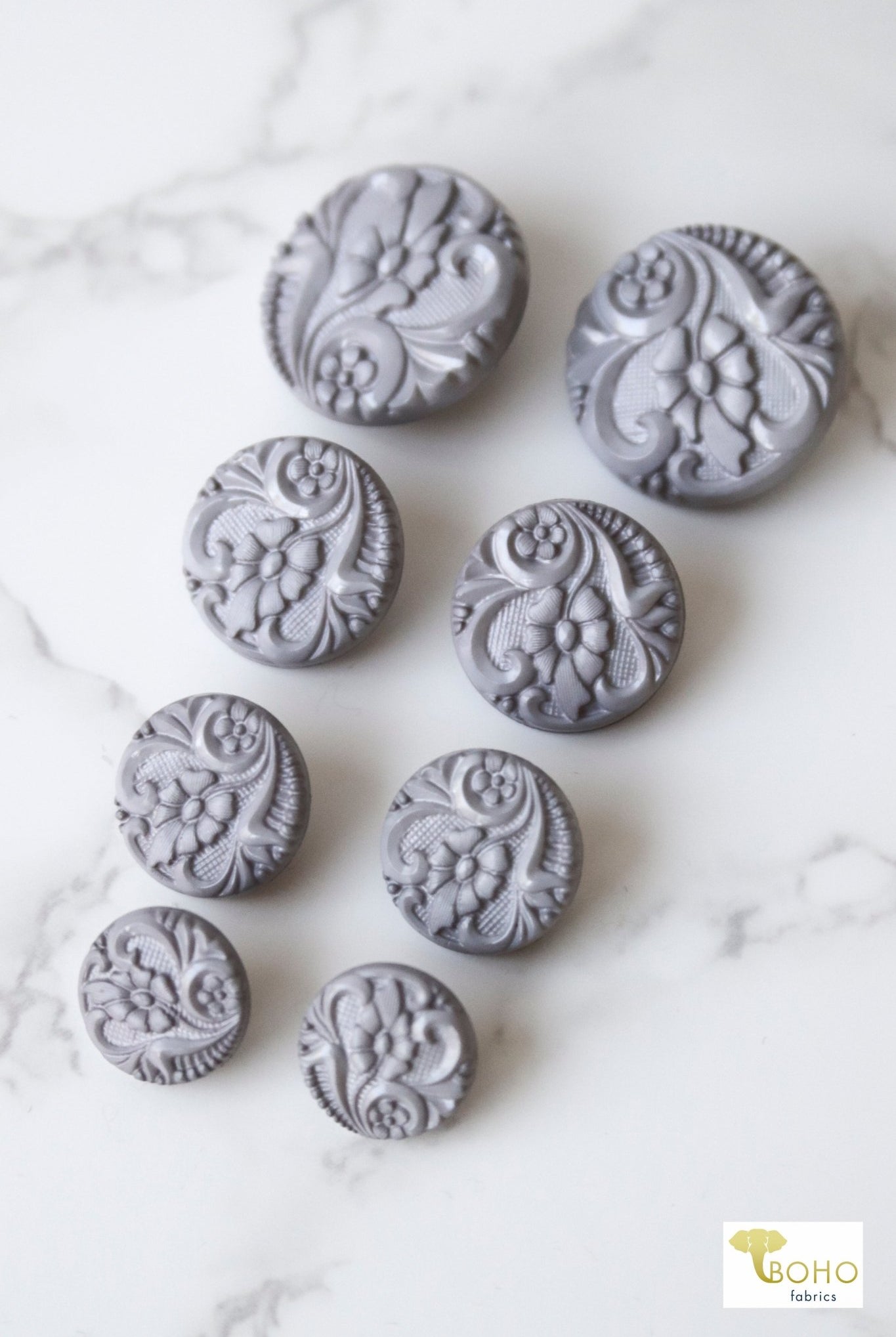 Gray, Art Nouveau Florals, Shank Buttons. Available in 15mm, 18mm, 20mm, 25.5mm - Boho Fabrics
