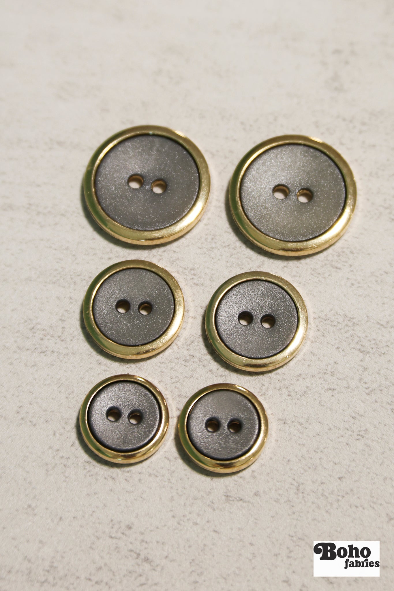Gray Gold Rimmed Two-hole Buttons. 24L (15mm / 5/8"), 28L (18mm / 11/16"), 36L (23mm / 7/8") - Boho Fabrics - Buttons & Snaps