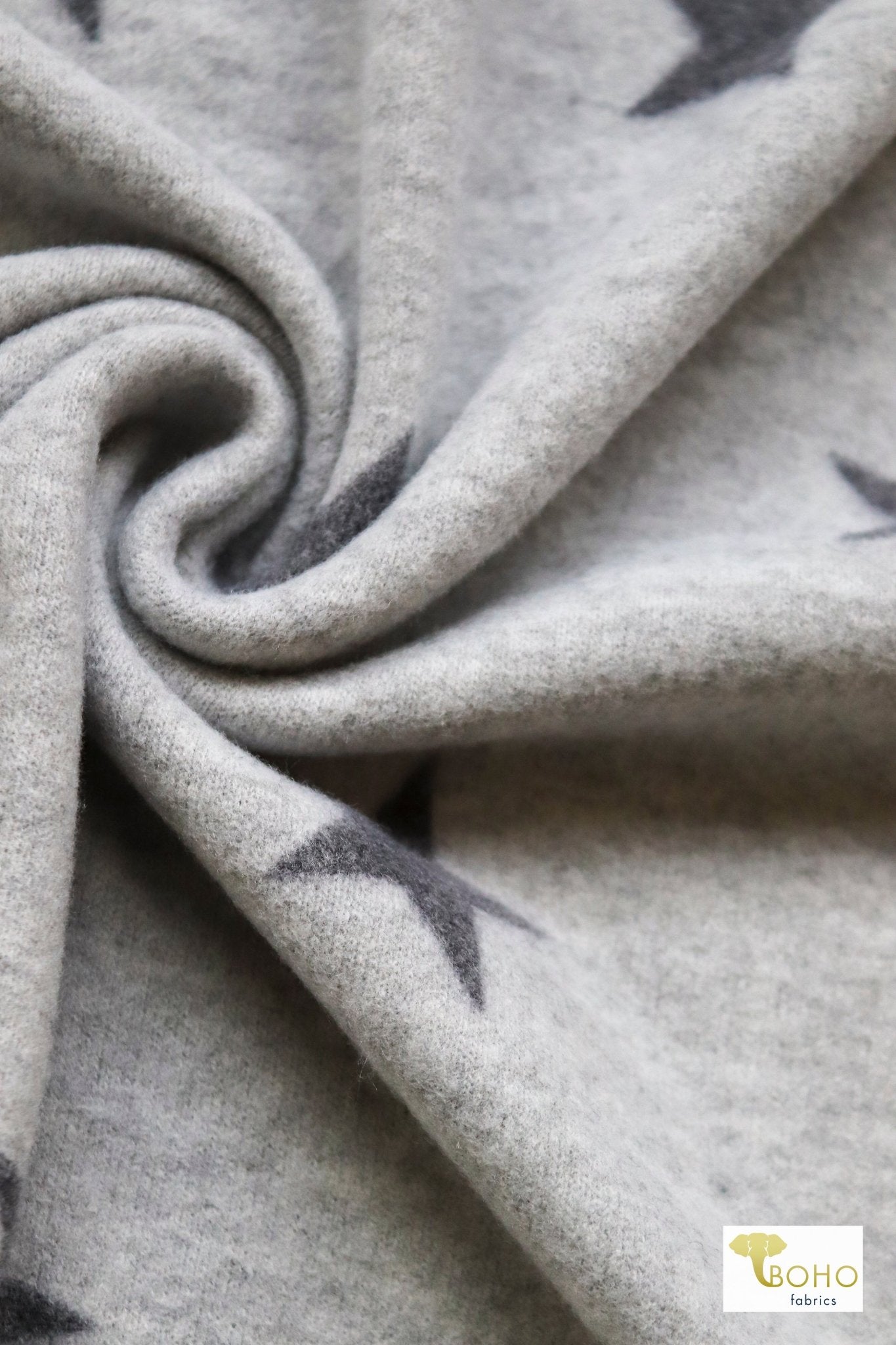 Gray Stars, Brushed Printed Sweater Knit Fabric - Boho Fabrics