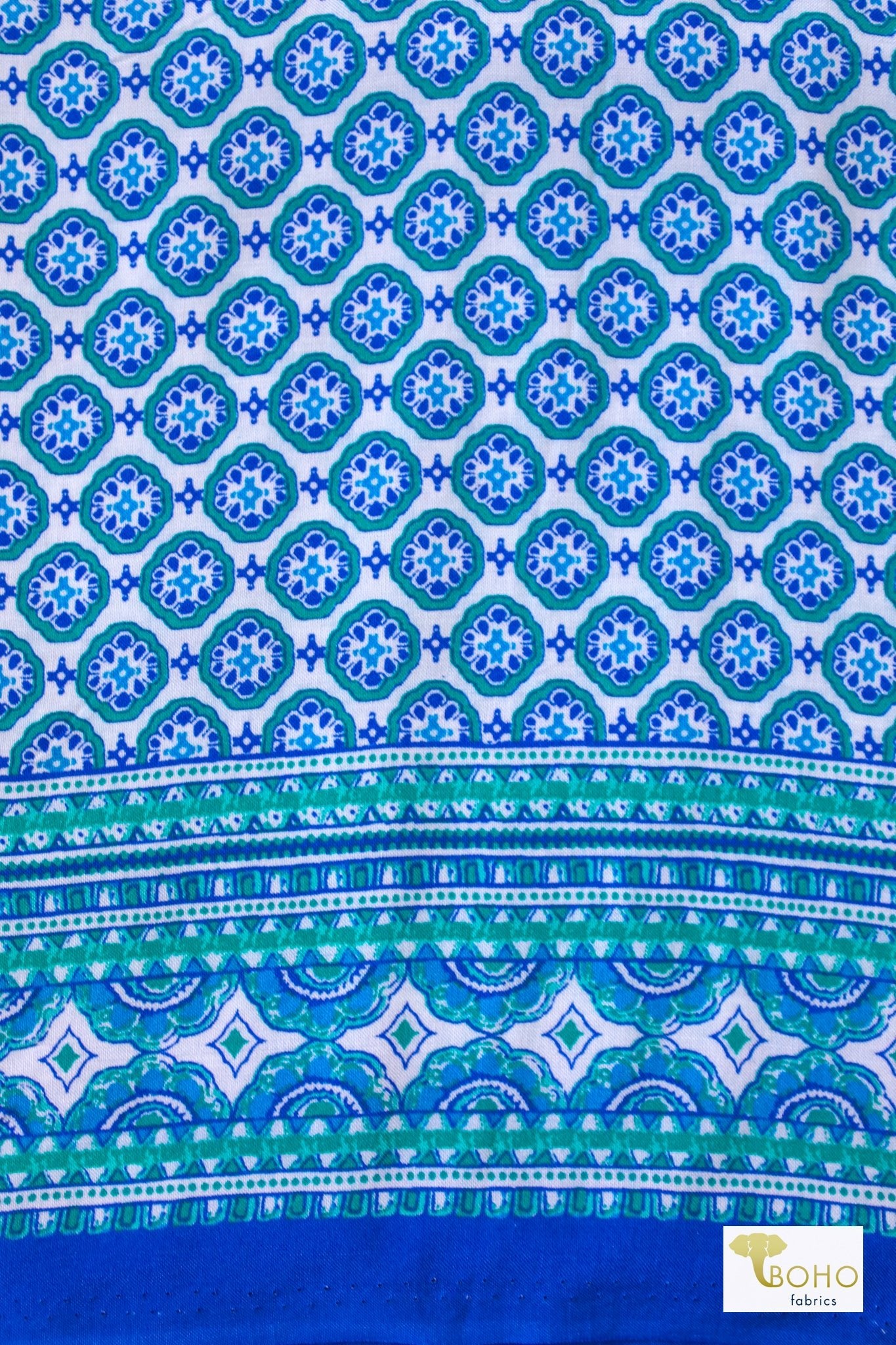 Green Ibiza, Double Border, Rayon Challis Woven Print - Boho Fabrics