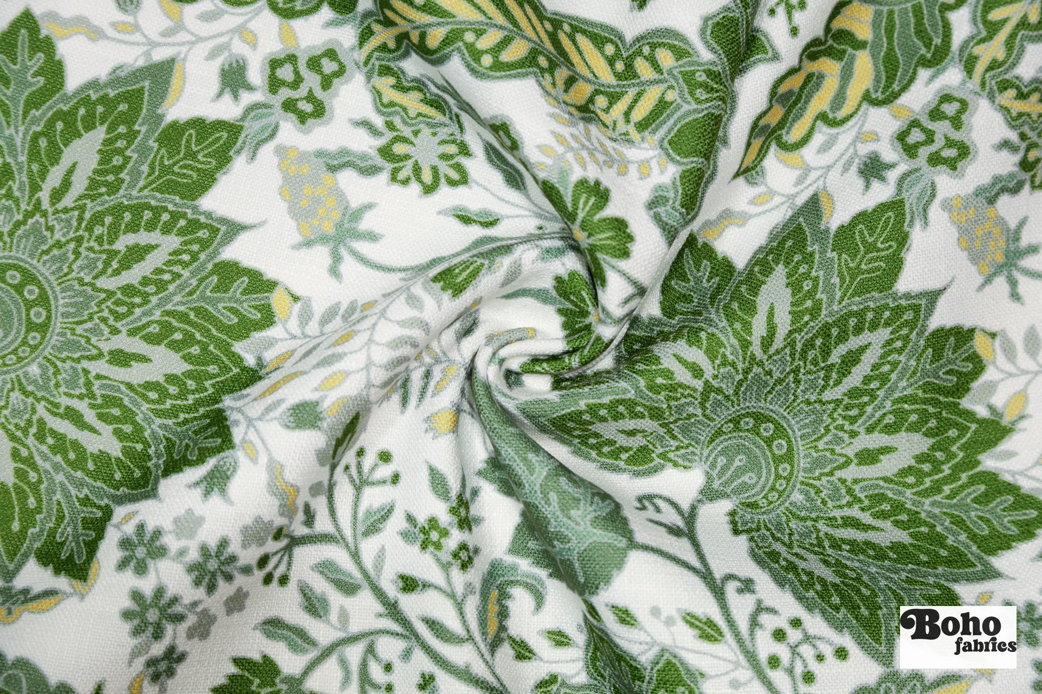Green Jacobean Botanical Linen-Look Canvas Woven Fabric - Boho Fabrics - Home Dec. & Upholstery Fabric