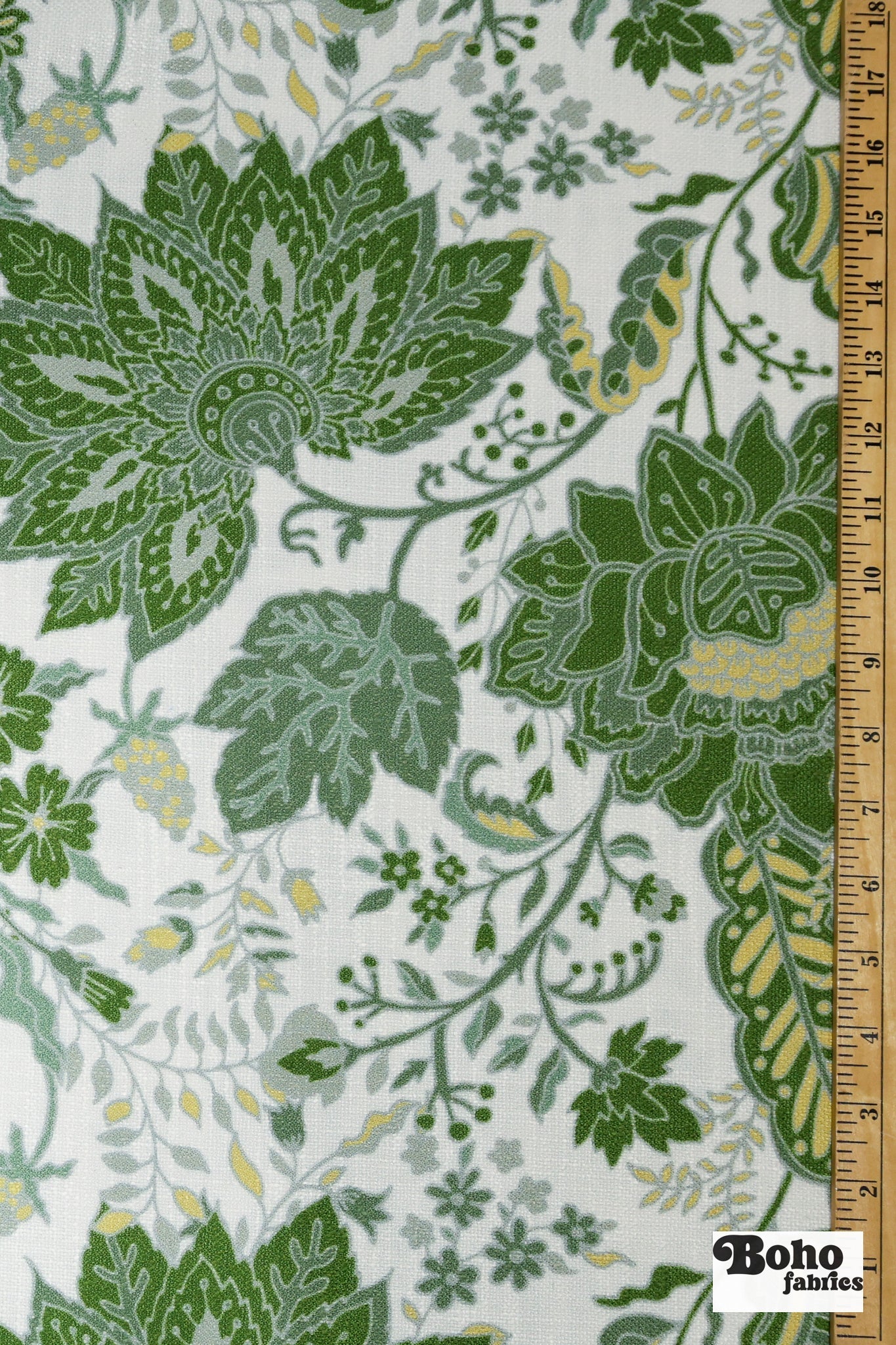 Green Jacobean Botanical Linen-Look Canvas Woven Fabric - Boho Fabrics - Home Dec. & Upholstery Fabric