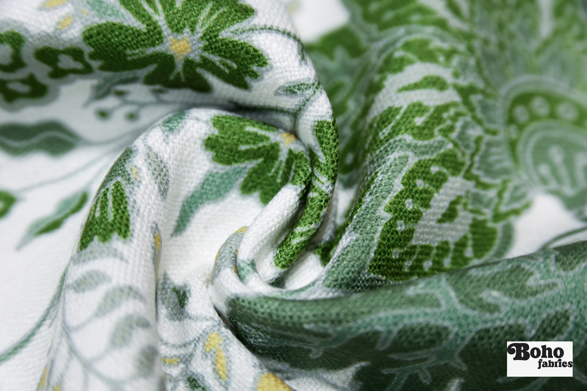 Green Jacobean Botanical Linen-Look Canvas Woven Fabric - Boho Fabrics - Home Dec. & Upholstery Fabric