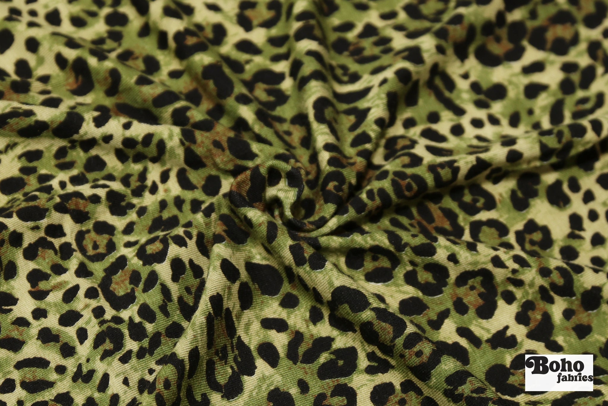 Green Leopard Print, Rayon Spandex Jersey Knit Fabric - Boho Fabrics - Rayon Jersey Solid, Knit Fabric