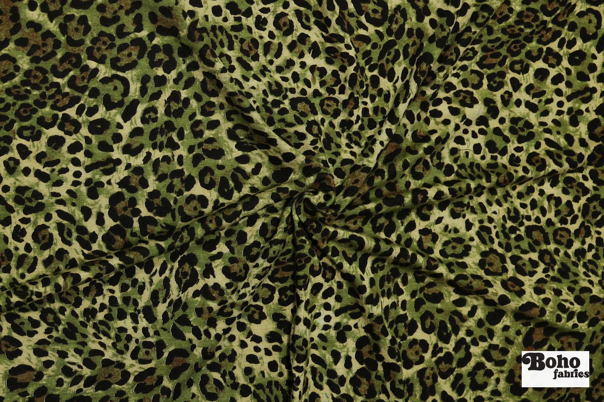 Green Leopard Print, Rayon Spandex Jersey Knit Fabric - Boho Fabrics - Rayon Jersey Solid, Knit Fabric