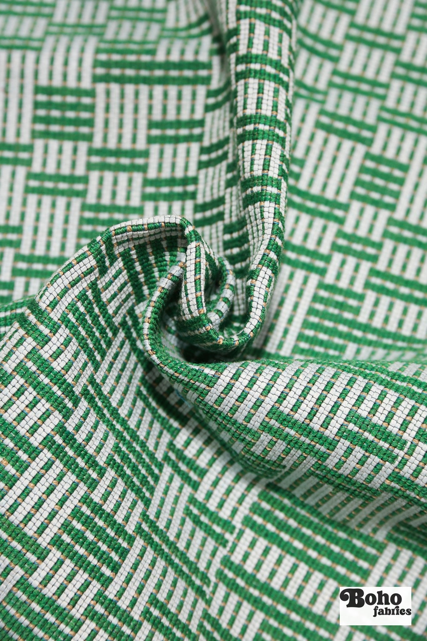 Green & Pale Blue Basketweave Grid Upholstery Woven Fabric - Boho Fabrics - Home Dec. & Upholstery Fabric