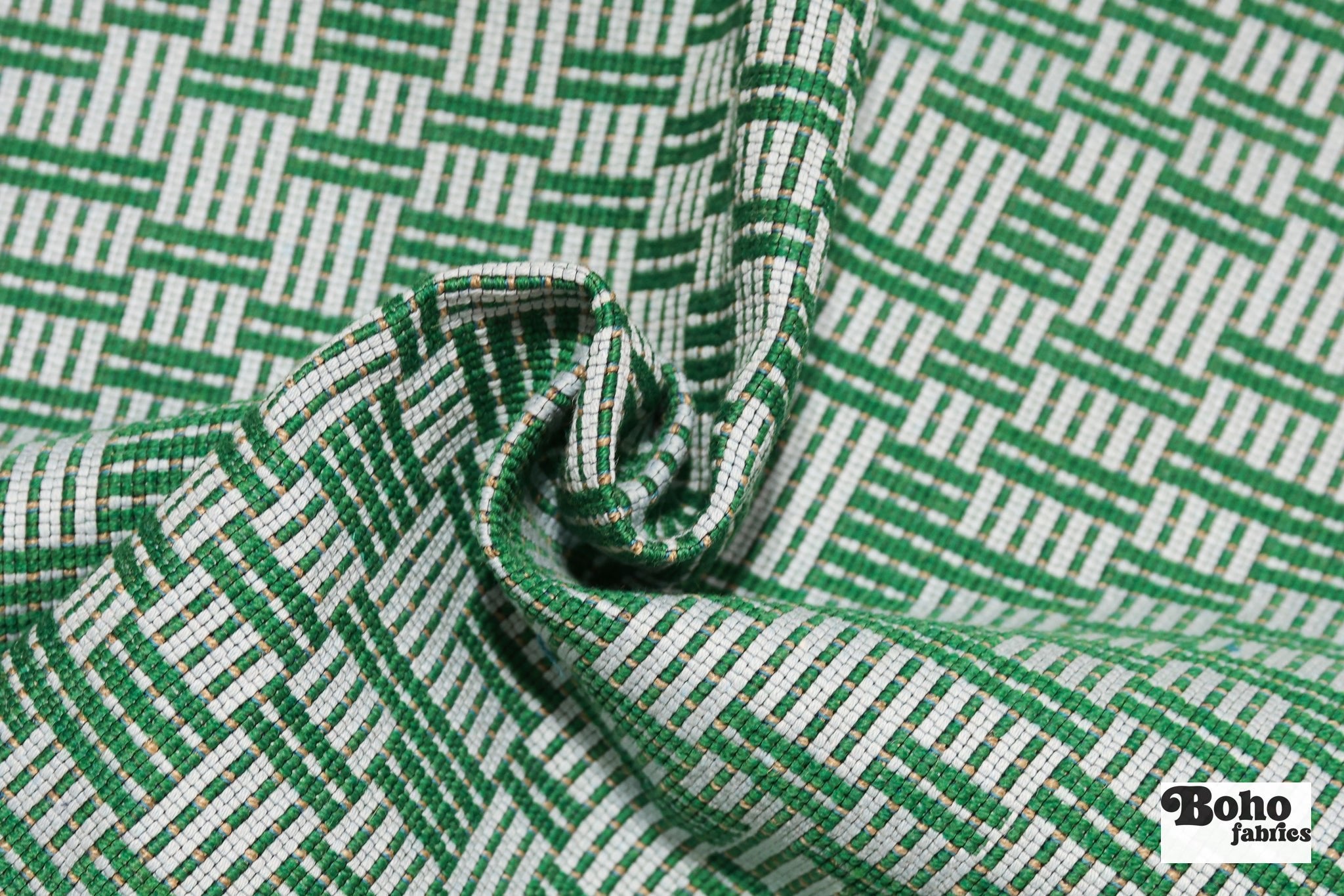 Green & Pale Blue Basketweave Grid Upholstery Woven Fabric - Boho Fabrics - Home Dec. & Upholstery Fabric