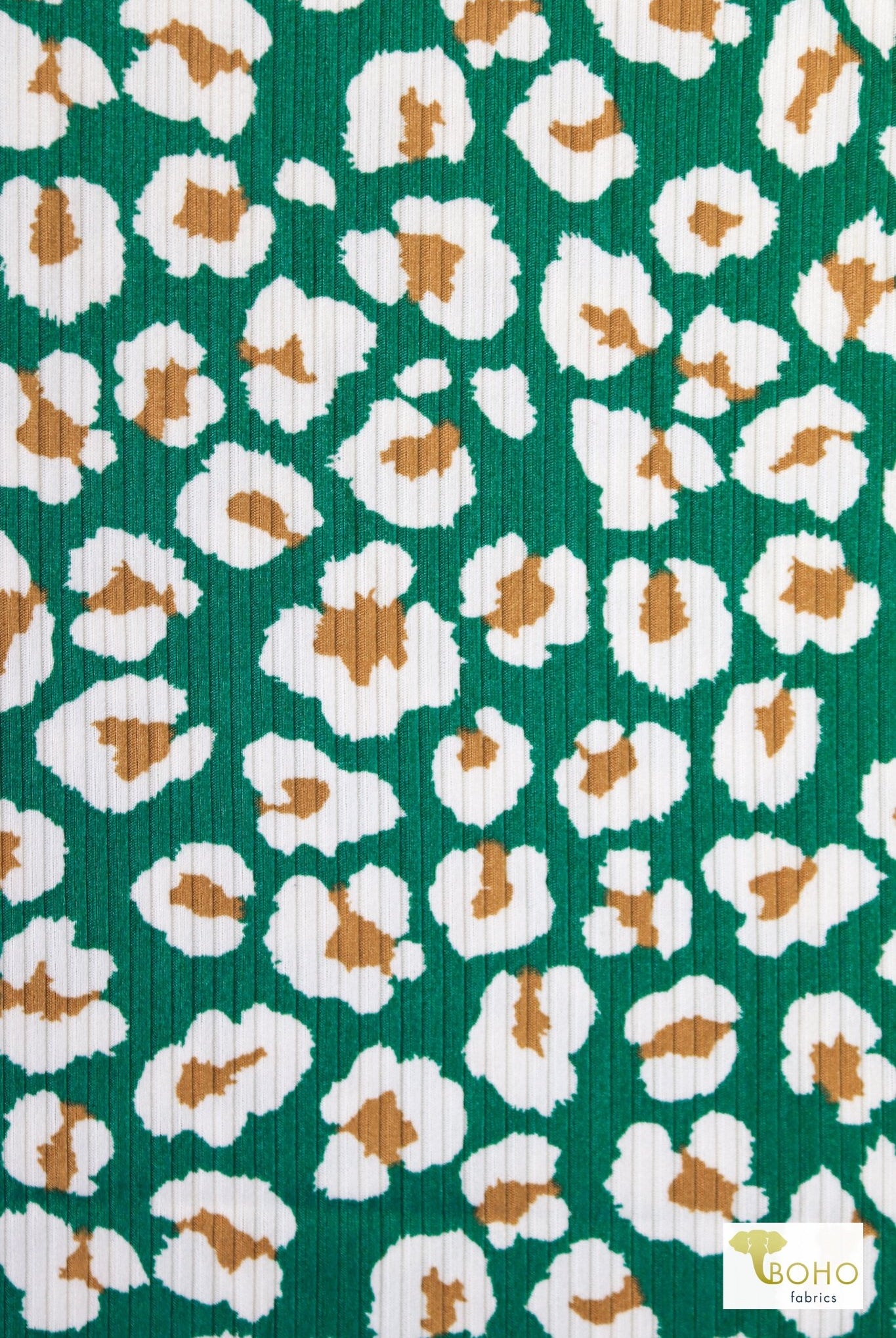 Green Teal Leopard, Printed Rib Knit Fabric - Boho Fabrics