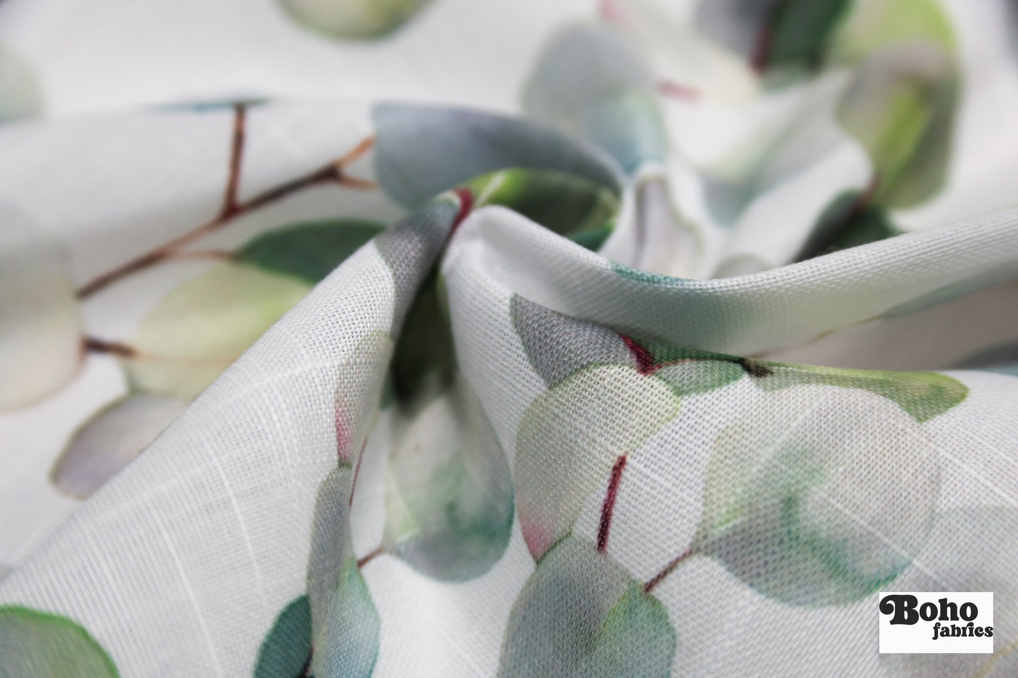 Green Watercolor Eucalyptus Linen-Look Woven Fabric - Boho Fabrics - Home Dec. & Upholstery Fabric