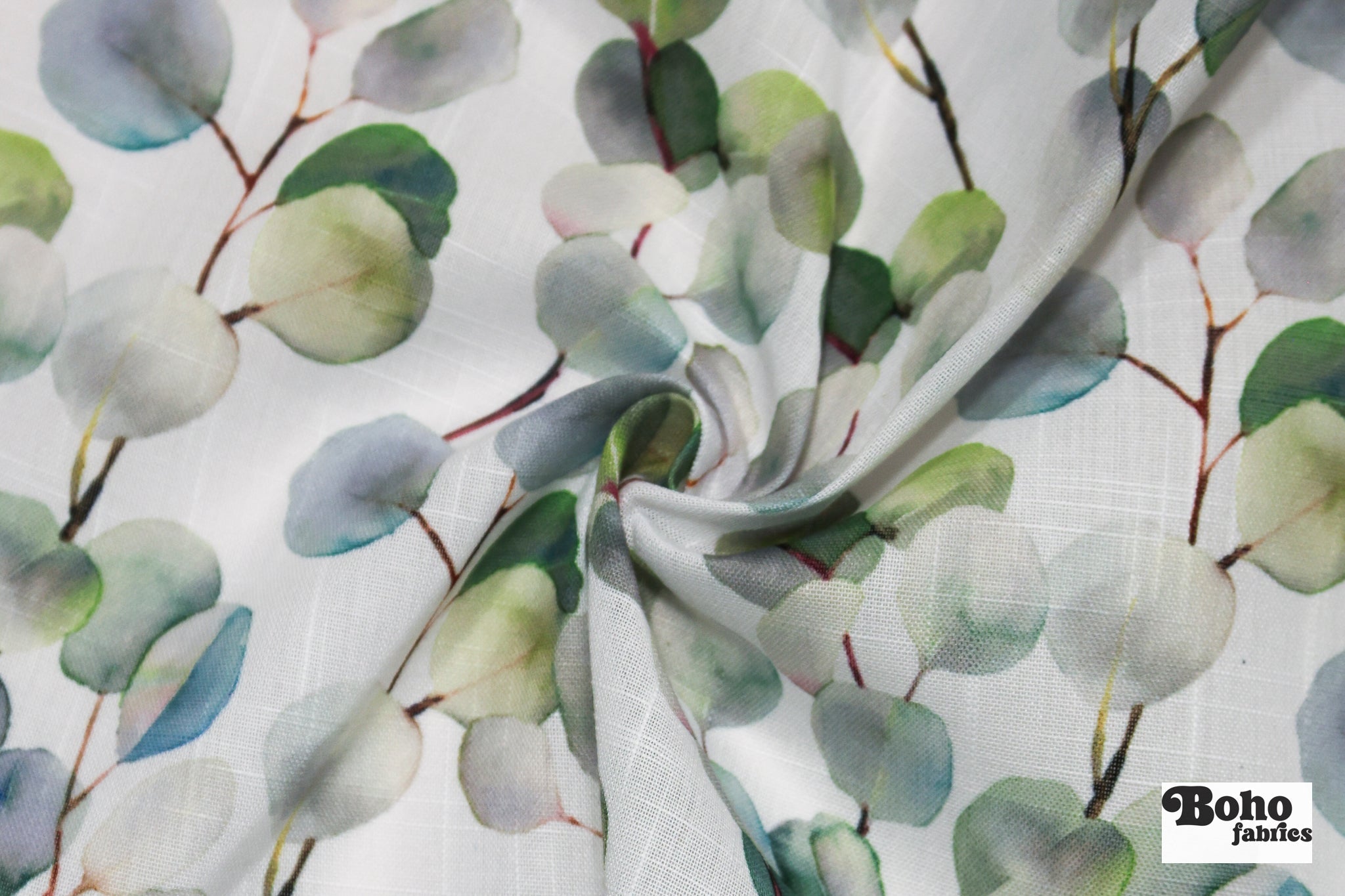 Green Watercolor Eucalyptus Linen-Look Woven Fabric - Boho Fabrics - Home Dec. & Upholstery Fabric