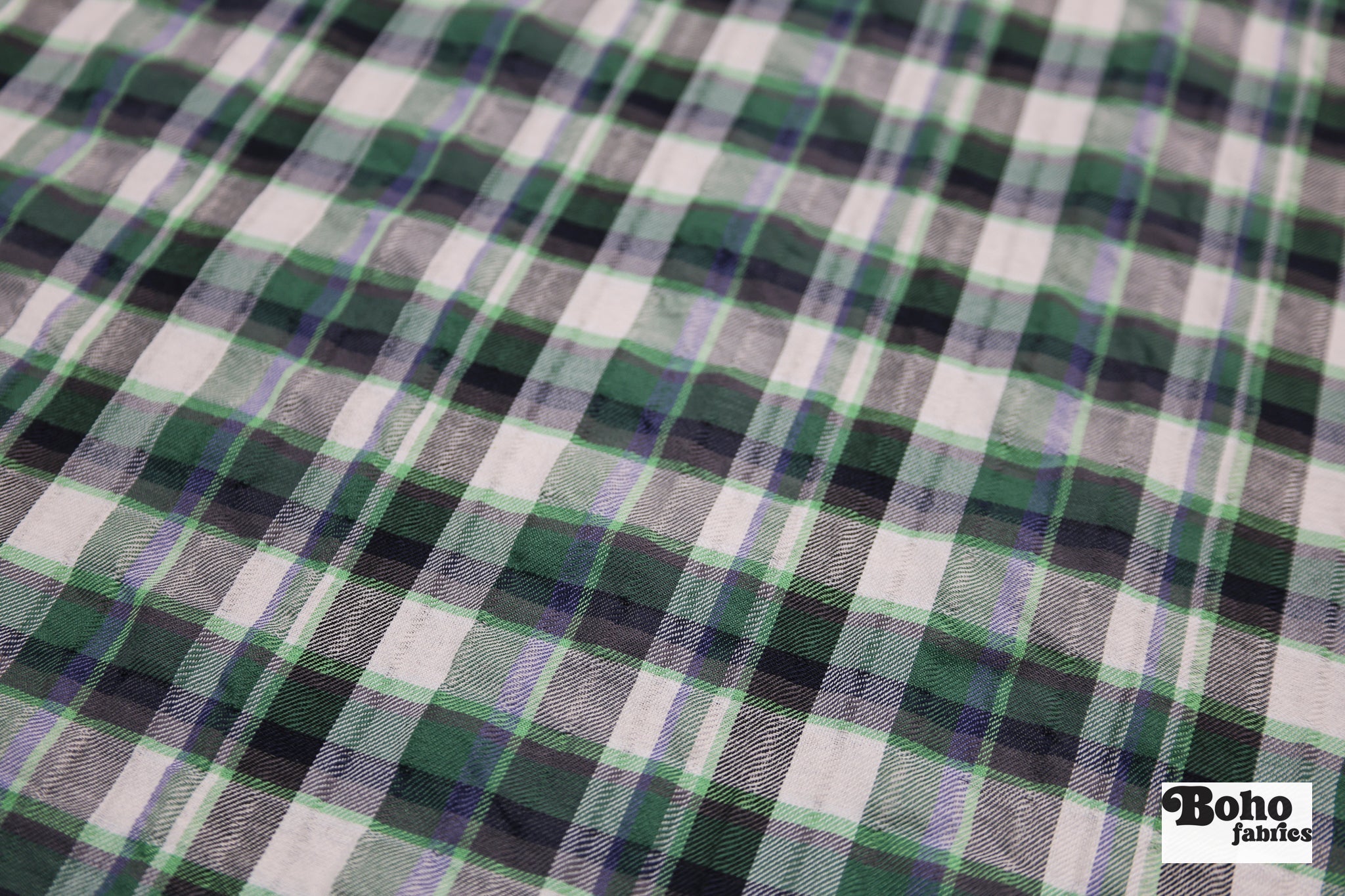 Green, White, & Black Plaid Woven Fabric - Boho Fabrics - Woven Fabric