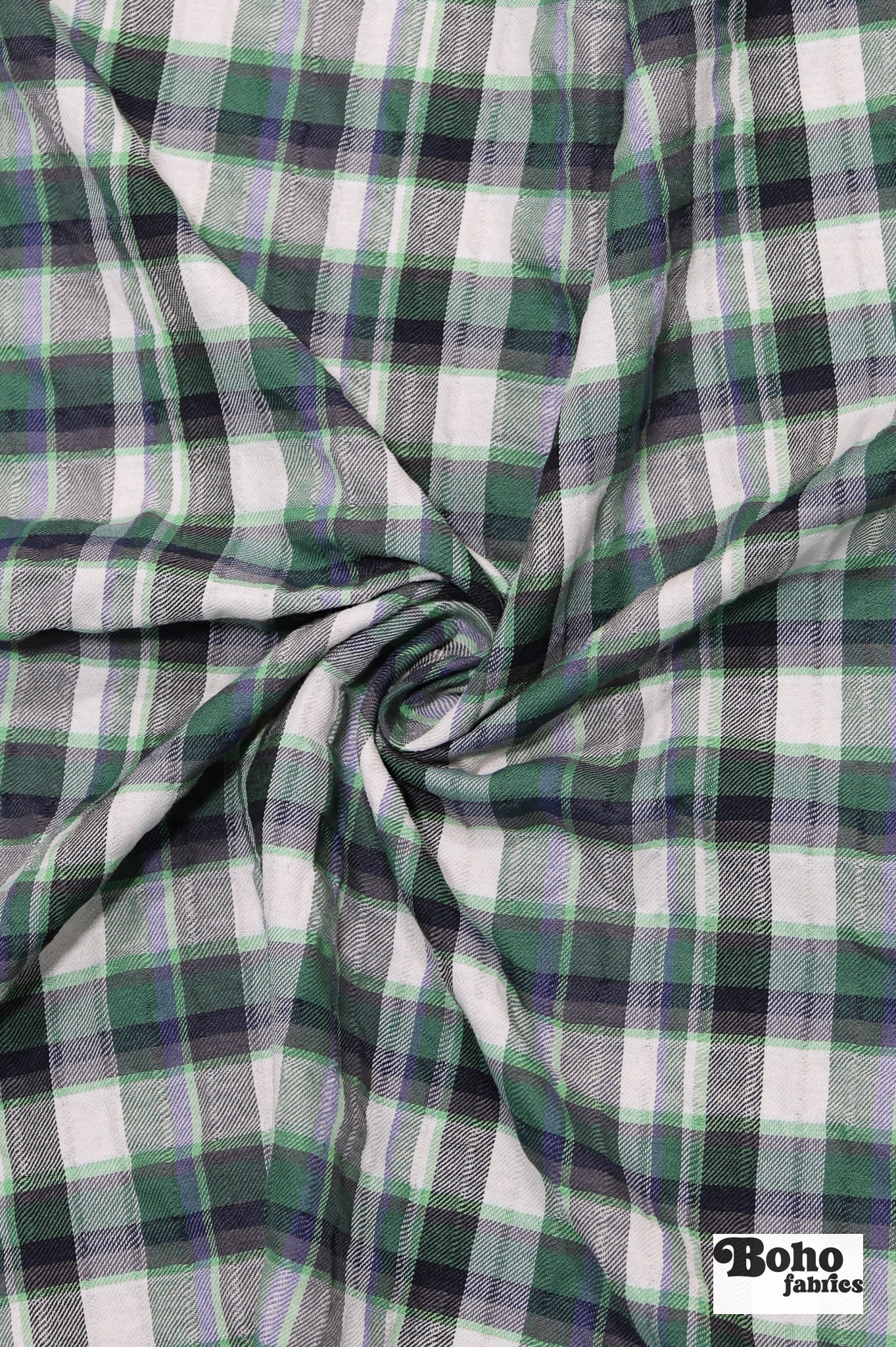 Green, White, & Black Plaid Woven Fabric - Boho Fabrics - Woven Fabric