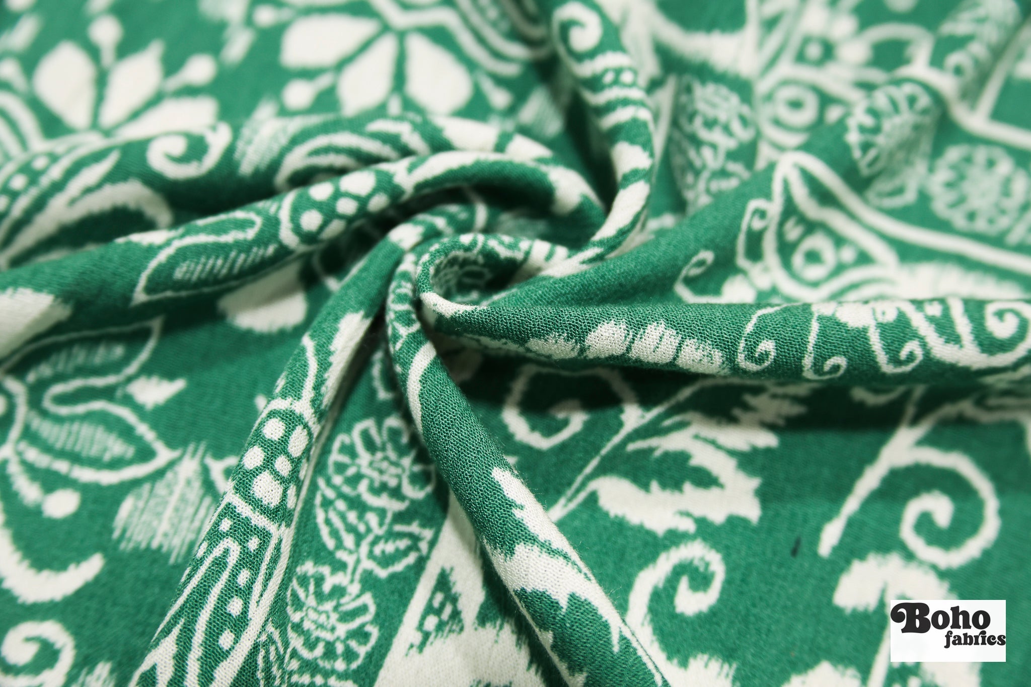 Green & White Ikat-Inspired Floral Patchwork Rayon Crepe Woven Fabric - Boho Fabrics - Crepe, Woven