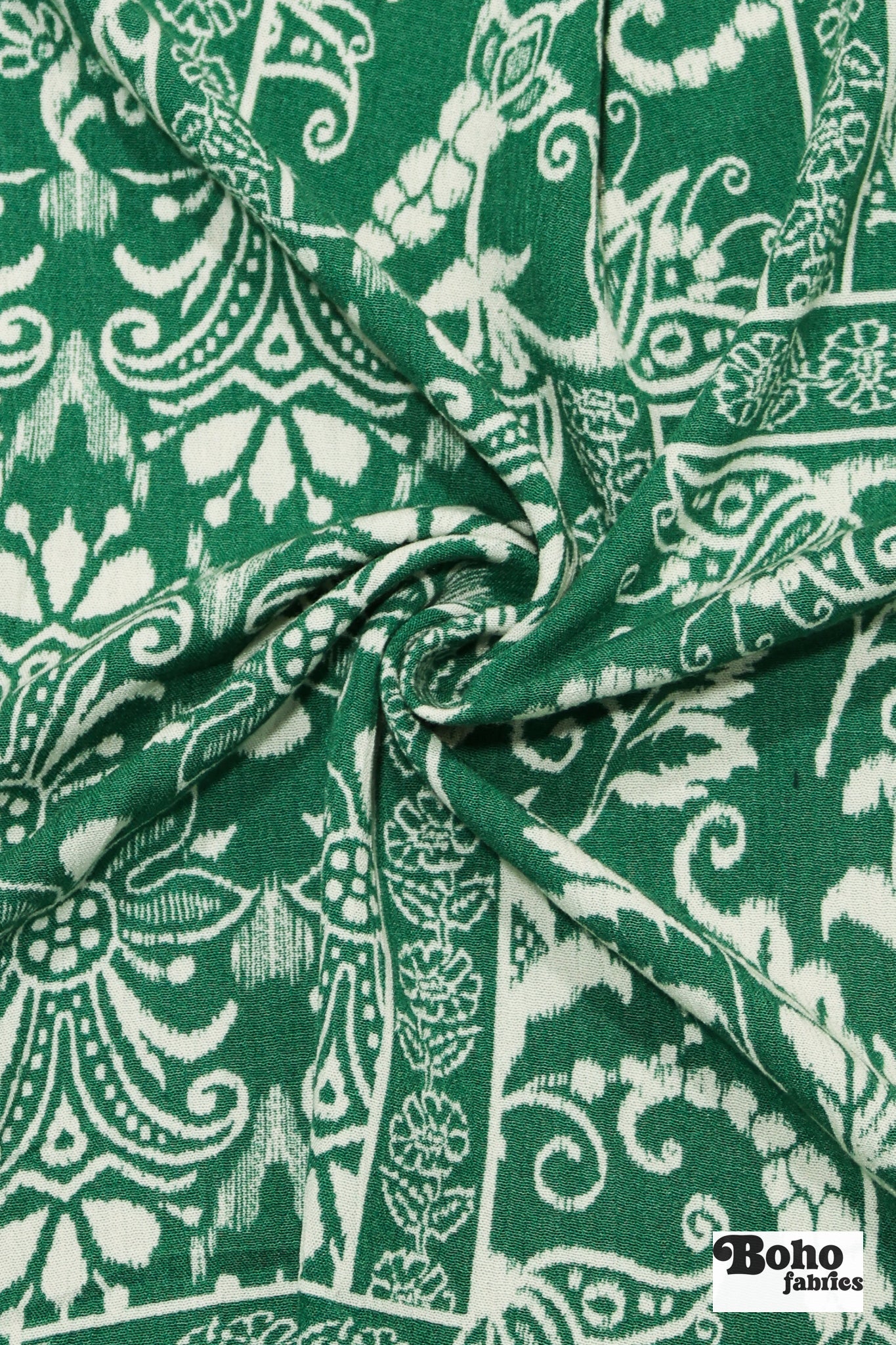 Green & White Ikat-Inspired Floral Patchwork Rayon Crepe Woven Fabric - Boho Fabrics - Crepe, Woven
