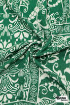 Green & White Ikat-Inspired Floral Patchwork Rayon Crepe Woven Fabric - Boho Fabrics - Crepe, Woven