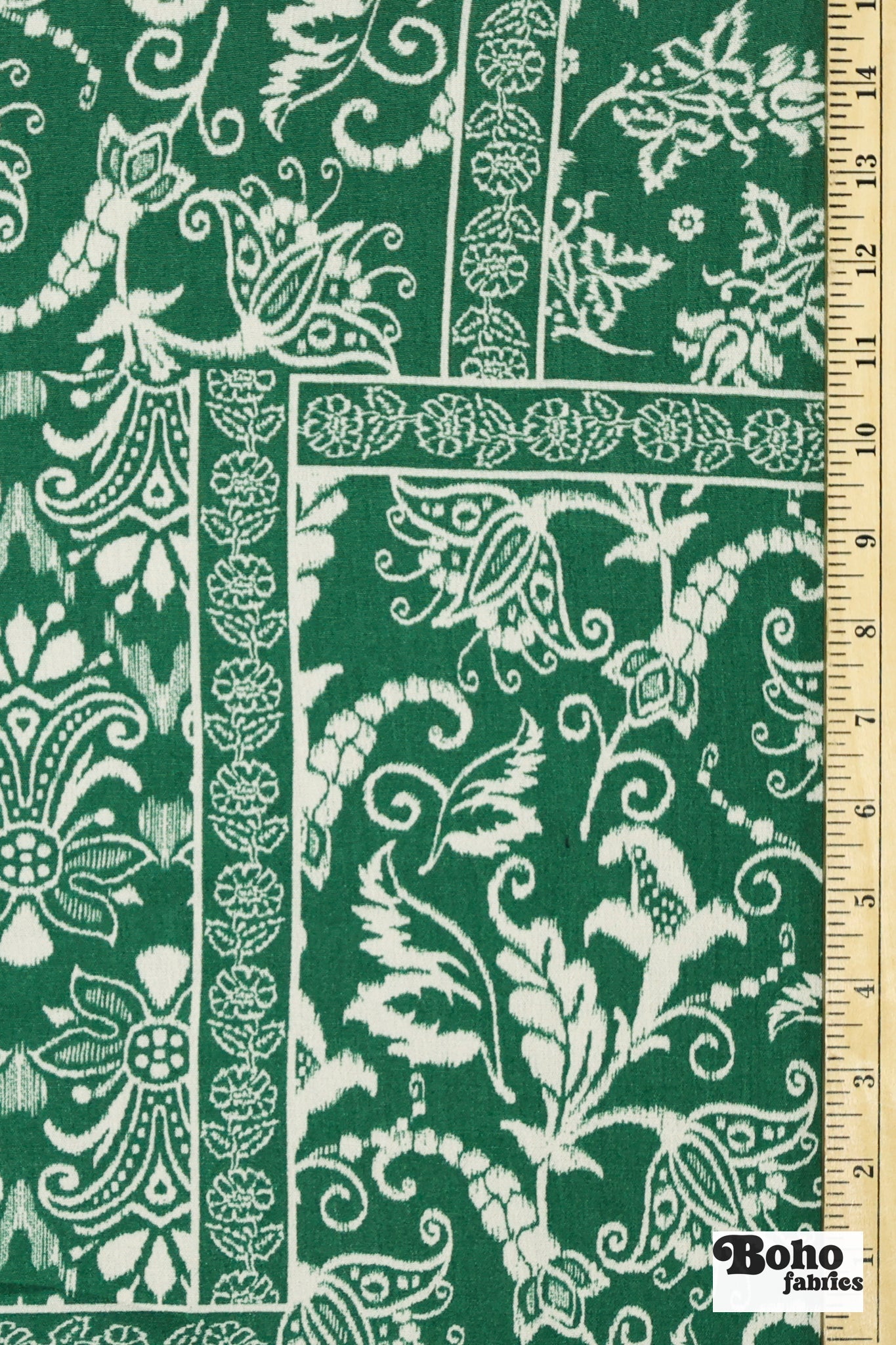 Green & White Ikat-Inspired Floral Patchwork Rayon Crepe Woven Fabric - Boho Fabrics - Crepe, Woven