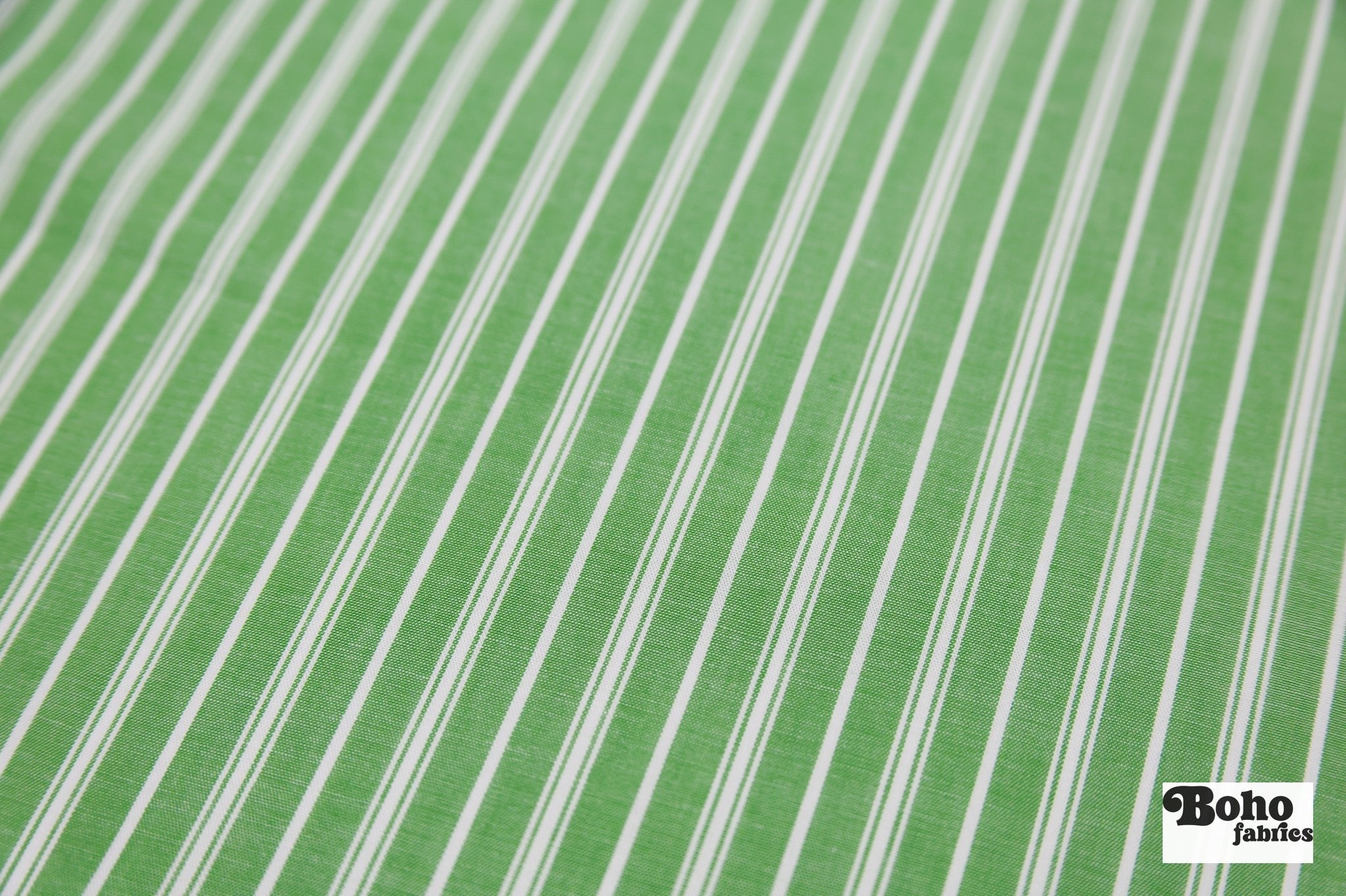 Green with Thin White Stripes Cotton Shirting Woven Fabric - Boho Fabrics - Woven, Fabric