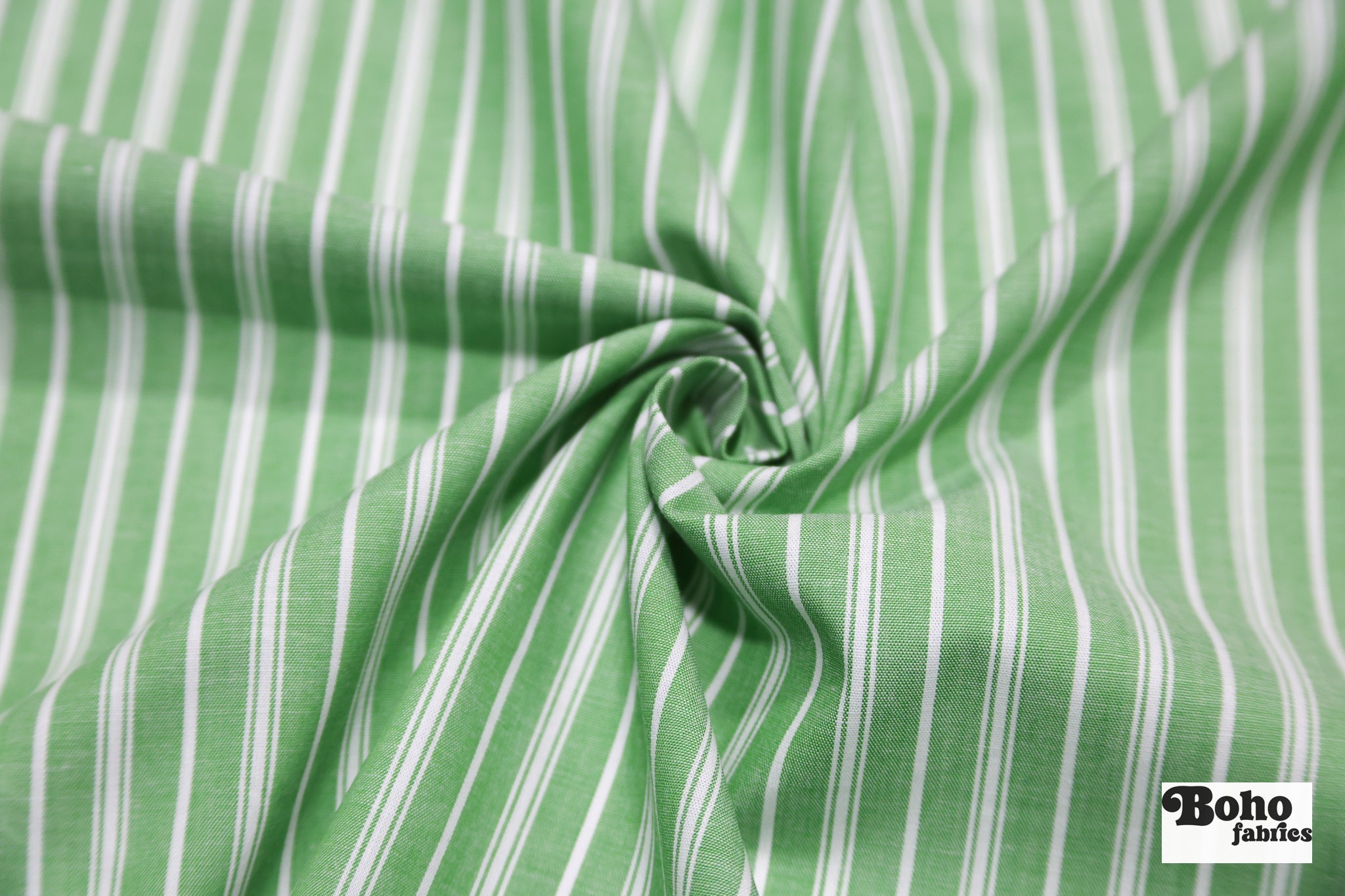 Green with Thin White Stripes Cotton Shirting Woven Fabric - Boho Fabrics - Woven, Fabric