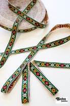 Groovy Daisy in Green, Red & Yellow, on Black, 11/16" Vintage Jacquard Woven Trim, TRIM - 085 - Boho Fabrics - Trims
