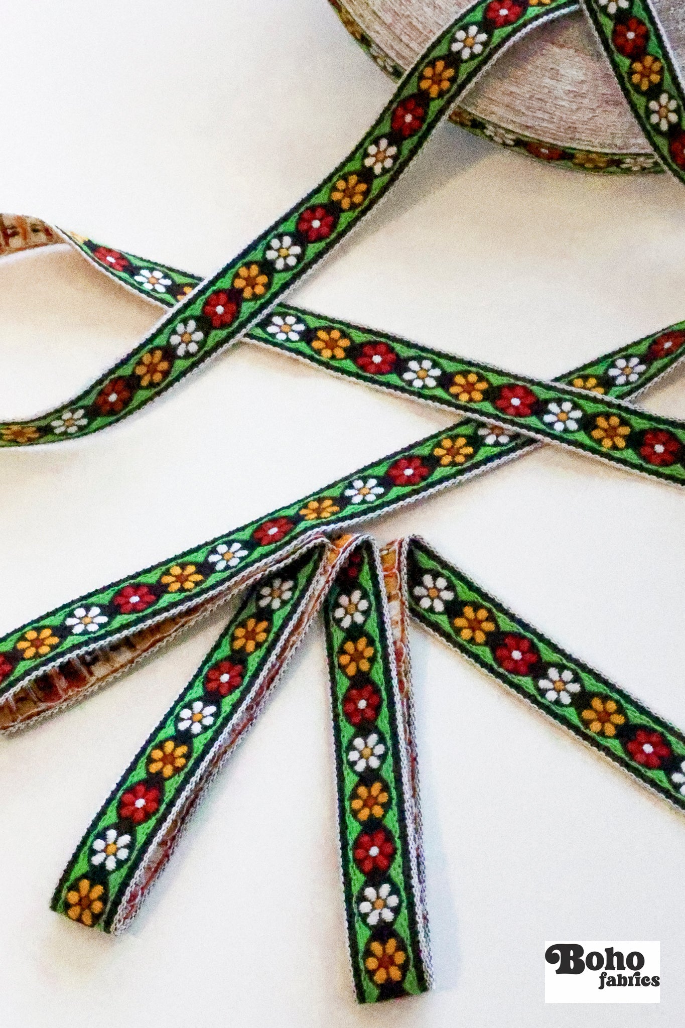 Groovy Daisy in Green, Red & Yellow, on Black, 11/16" Vintage Jacquard Woven Trim, TRIM - 085 - Boho Fabrics - Trims