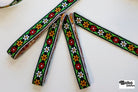 Groovy Daisy in Green, Red & Yellow, on Black, 11/16" Vintage Jacquard Woven Trim, TRIM - 085 - Boho Fabrics - Trims