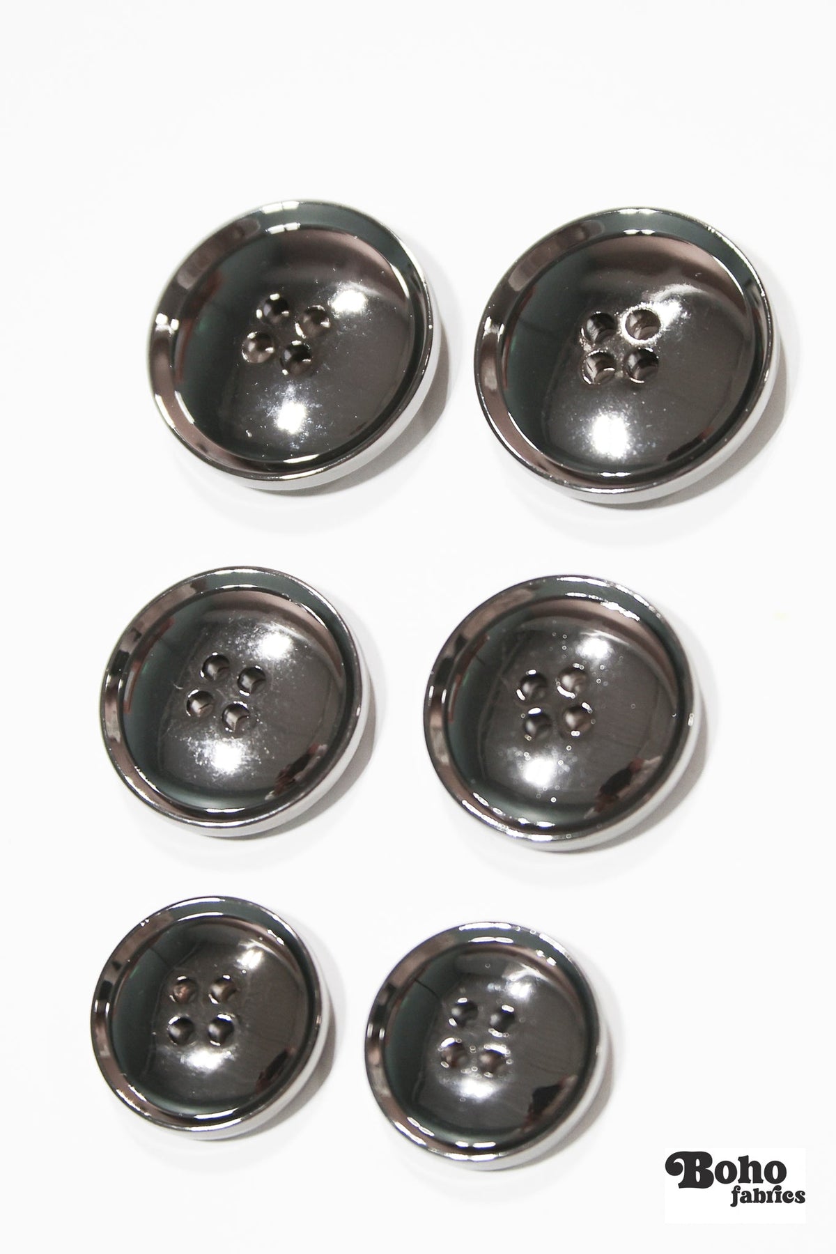 Gunmetal 4-Hole Plastic Buttons. 32L (20mm 13/16"), 36L (23mm / 7/8"), 40L (25mm / 1") - Boho Fabrics - Buttons & Snaps
