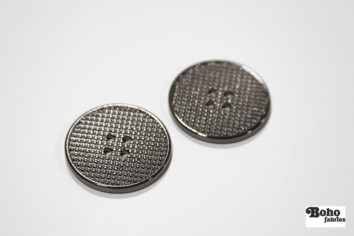 Gunmetal Grid 4-Hole Plastic Button. 32L (20mm 13/16"), 40L (25mm / 1"), 48L (30mm / 1 3/16") - Boho Fabrics - Buttons & Snaps